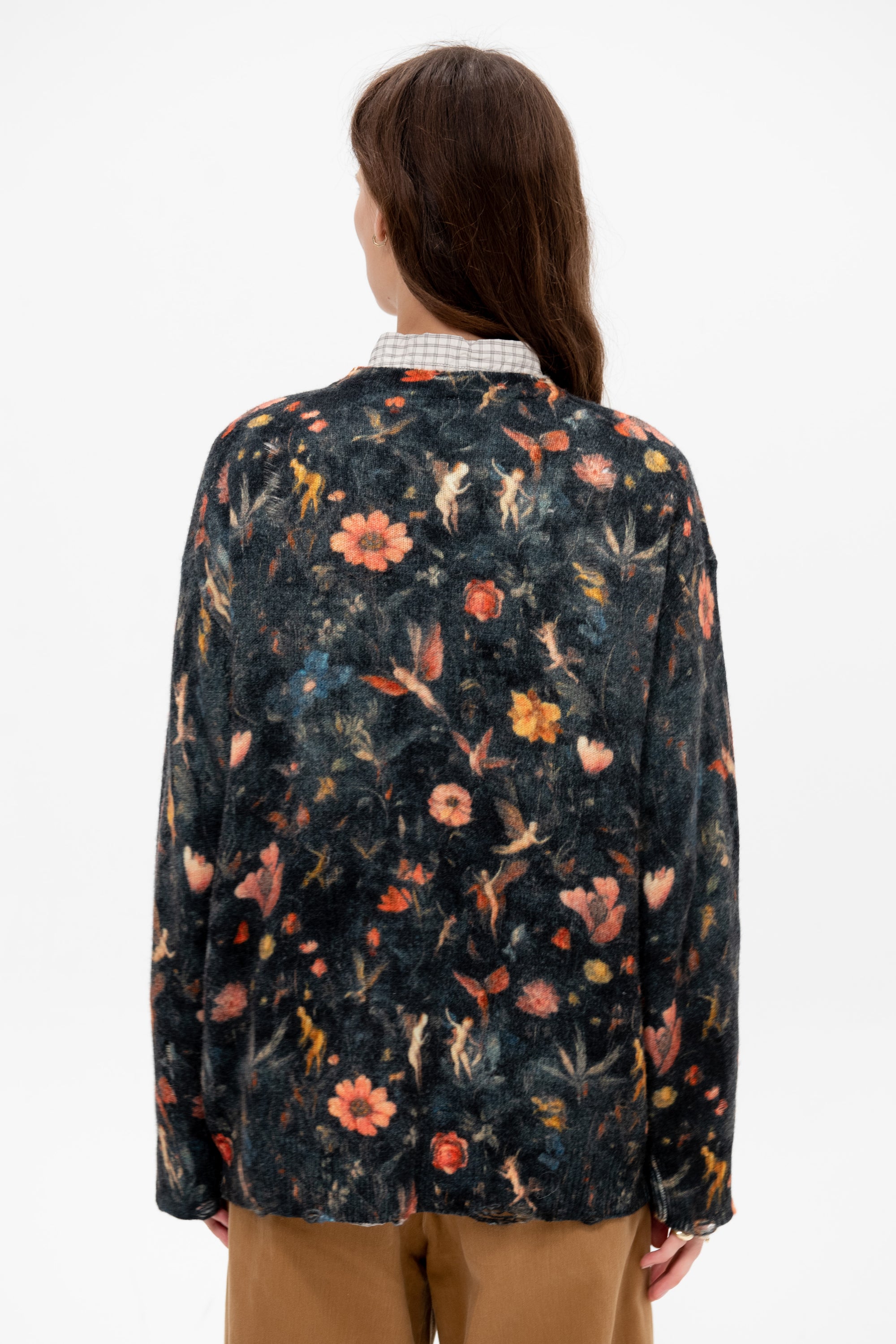 Printed Boyfriend Cardigan, Floral with Angels Black