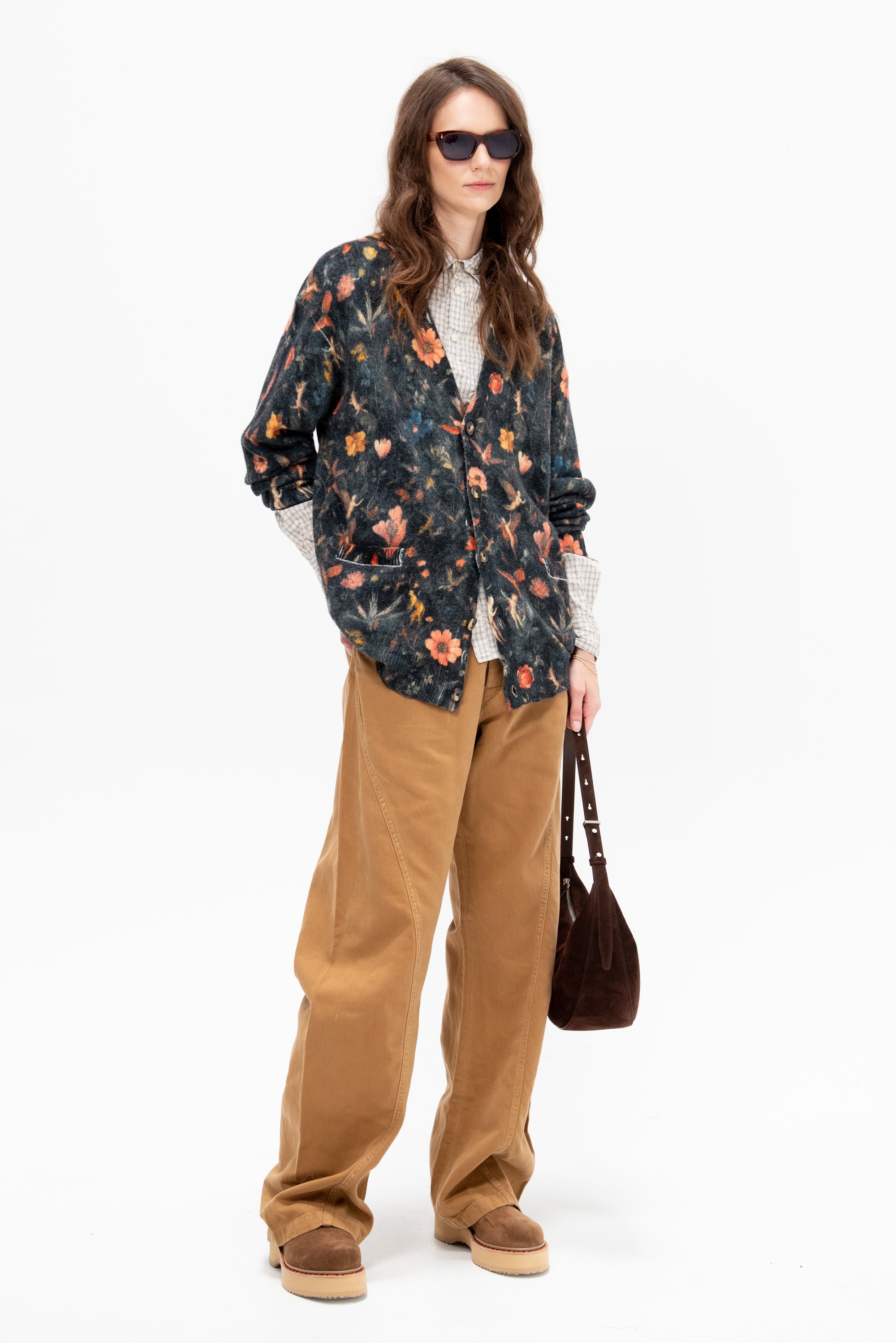 Printed Boyfriend Cardigan, Floral with Angels Black