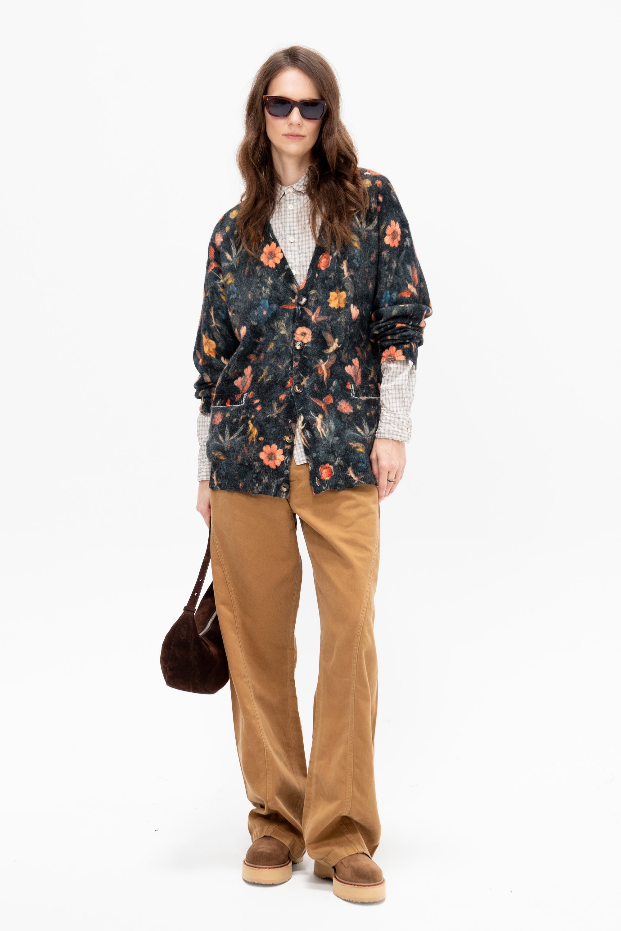 Printed Boyfriend Cardigan, Floral with Angels Black