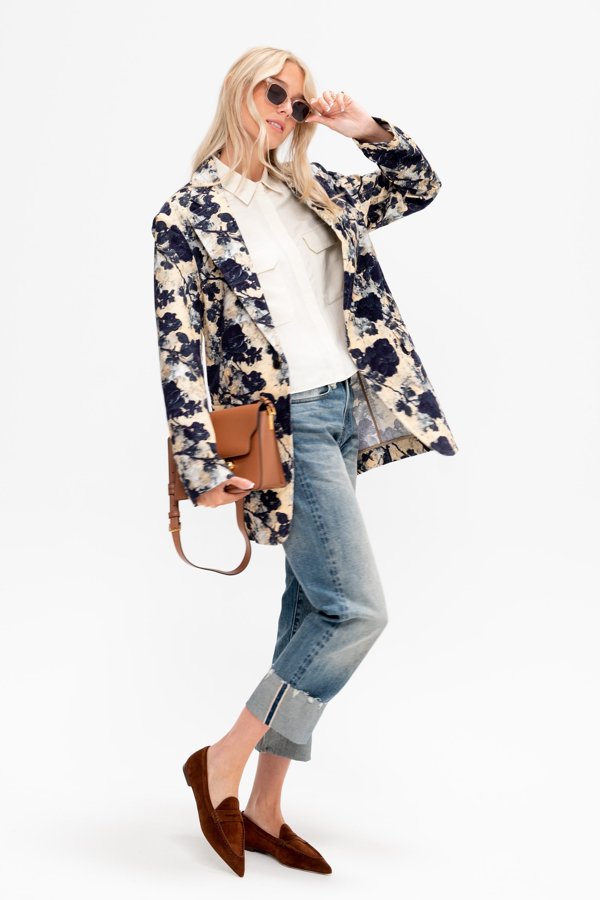 Oversized Ragged Blazer, Black &amp; Cream Floral