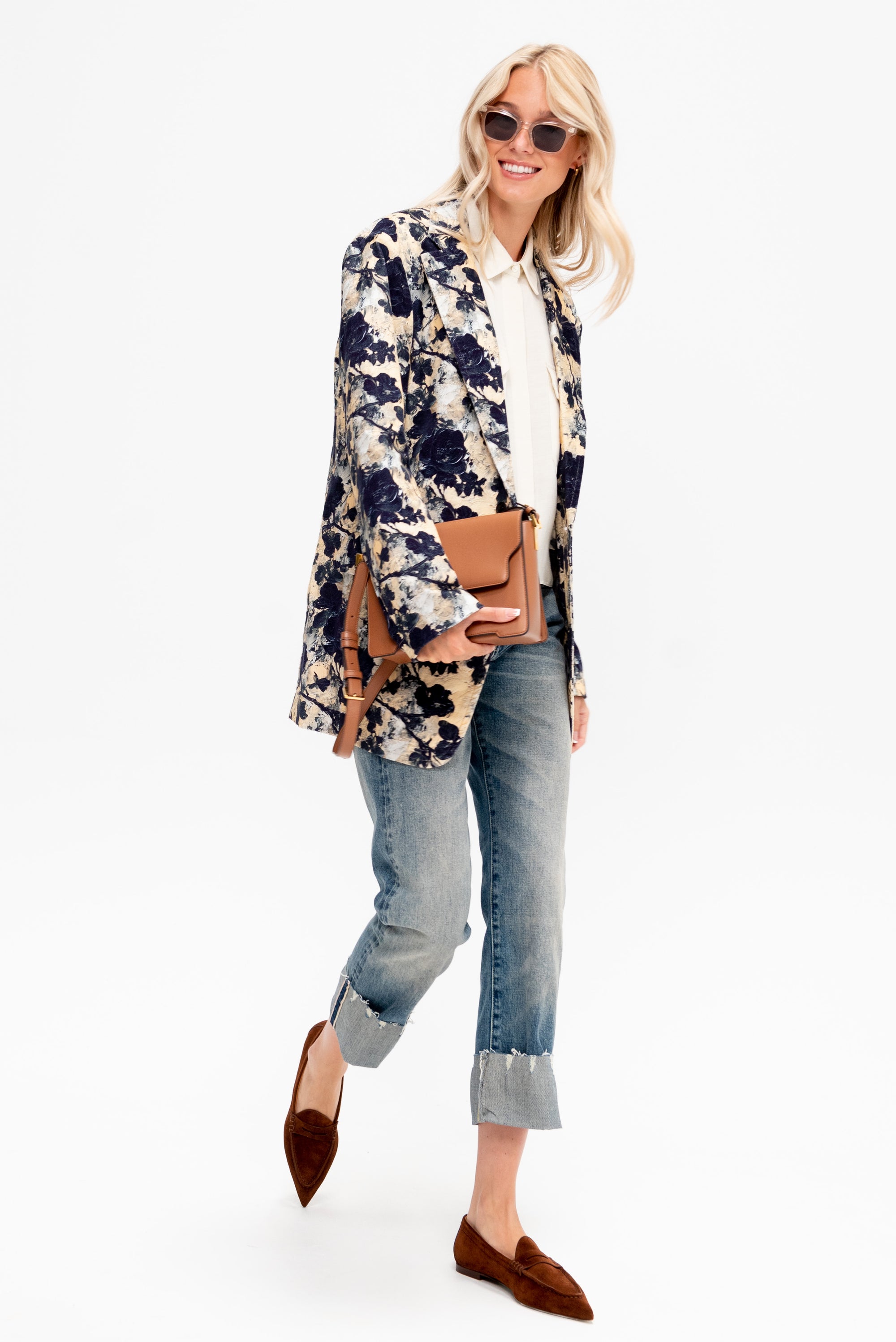 Oversized Ragged Blazer, Black &amp; Cream Floral