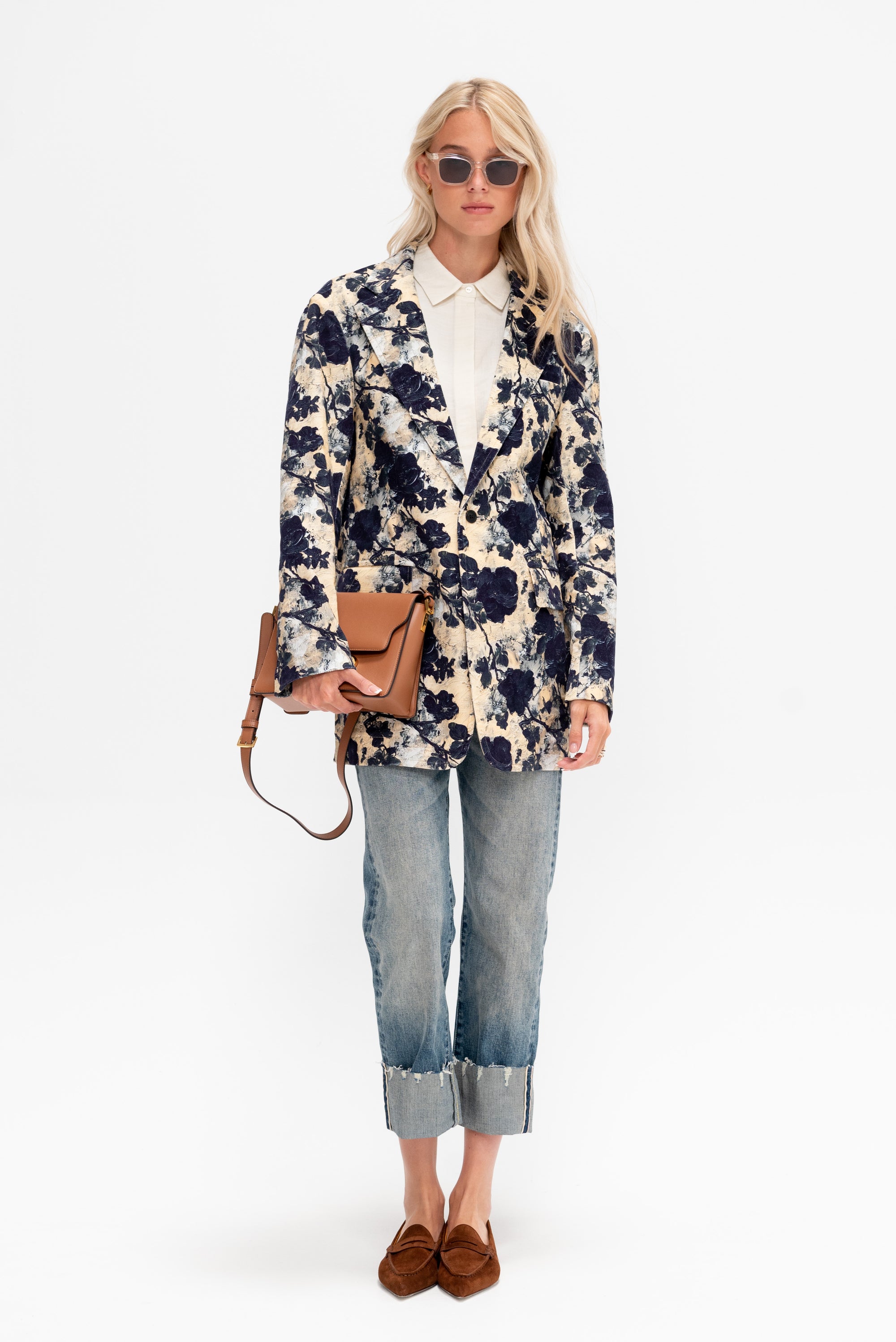 Oversized Ragged Blazer, Black &amp; Cream Floral