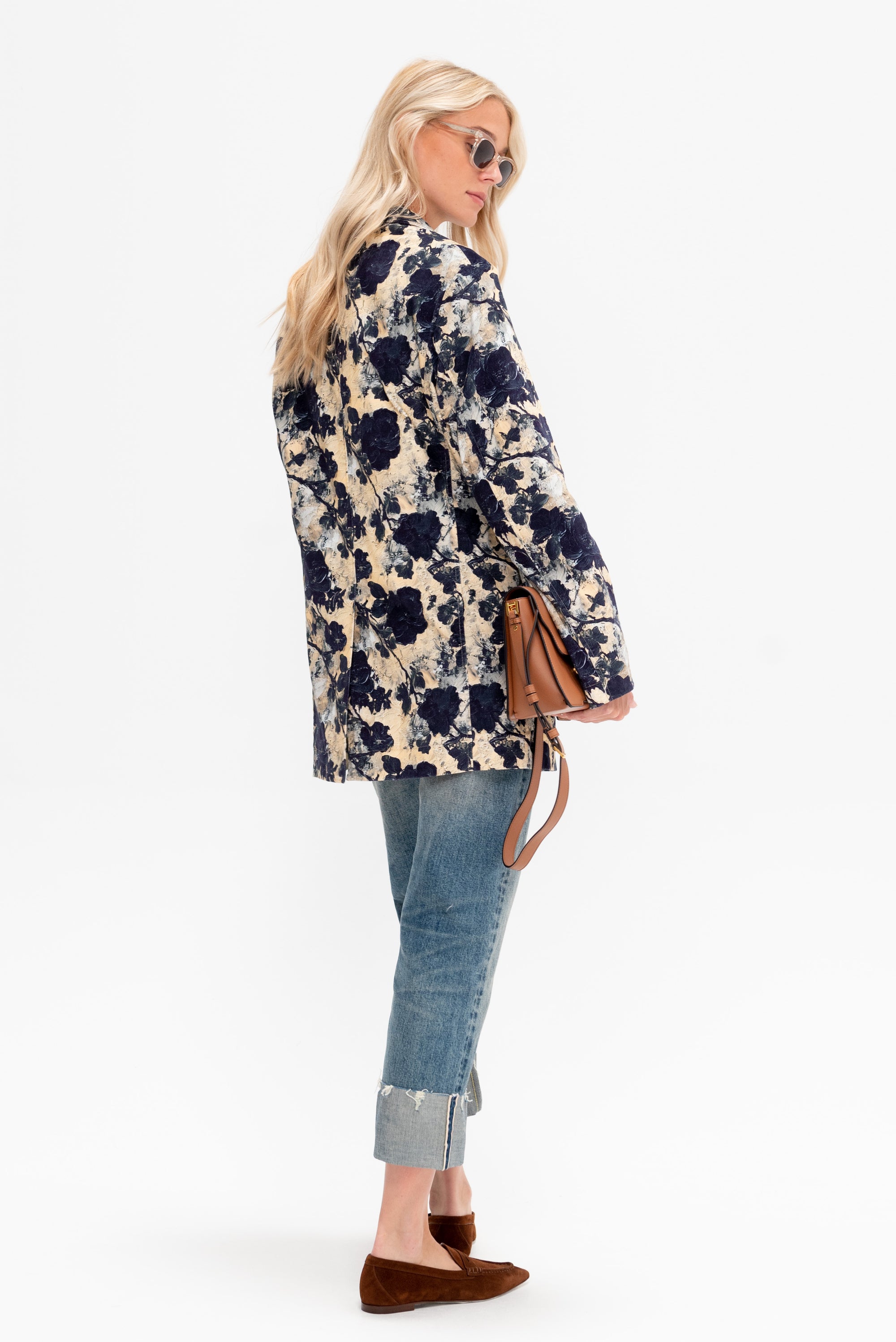 Oversized Ragged Blazer, Black &amp; Cream Floral