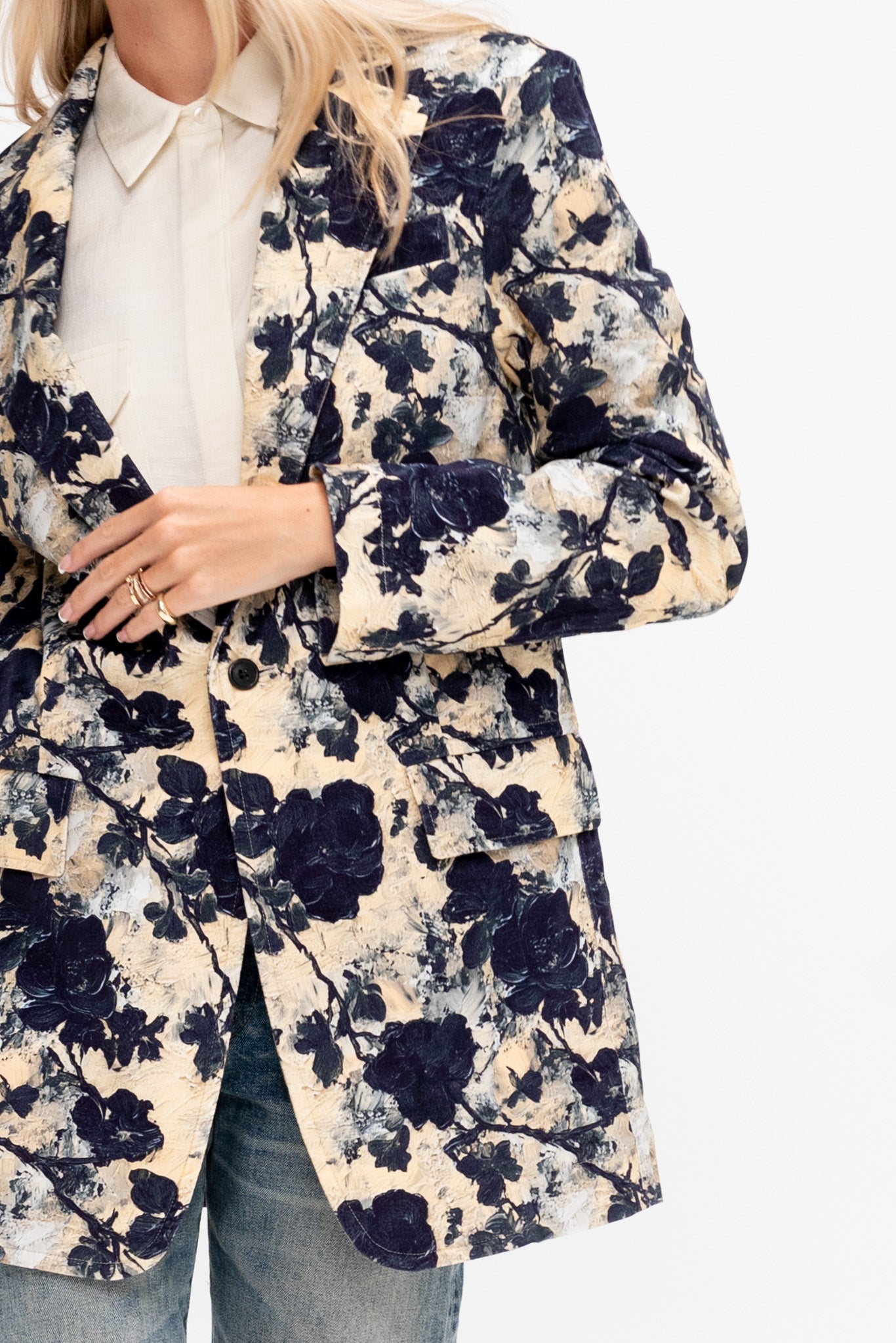 Oversized Ragged Blazer, Black &amp; Cream Floral