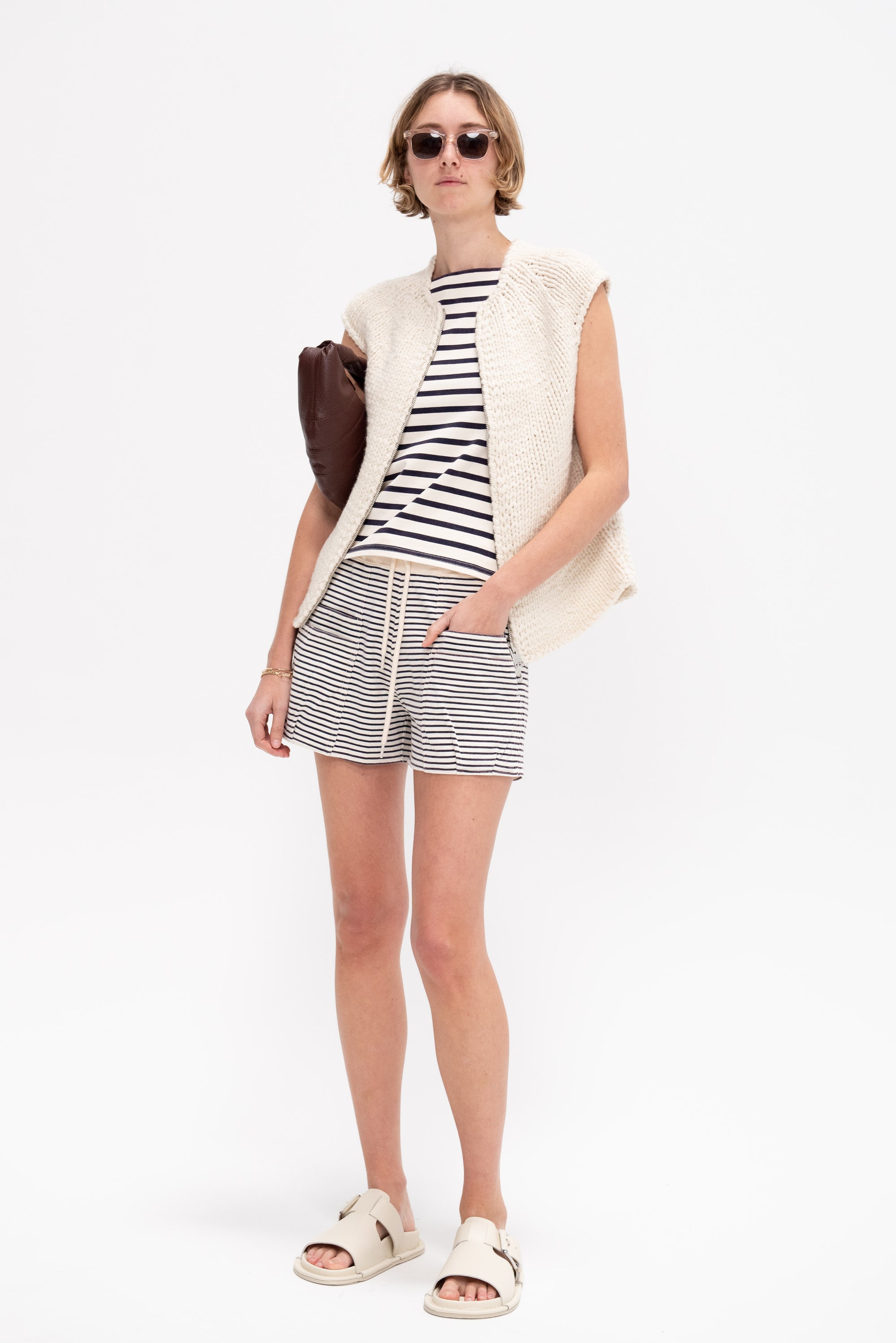 Layered Pocket Sweatshort, Ecru and Navy