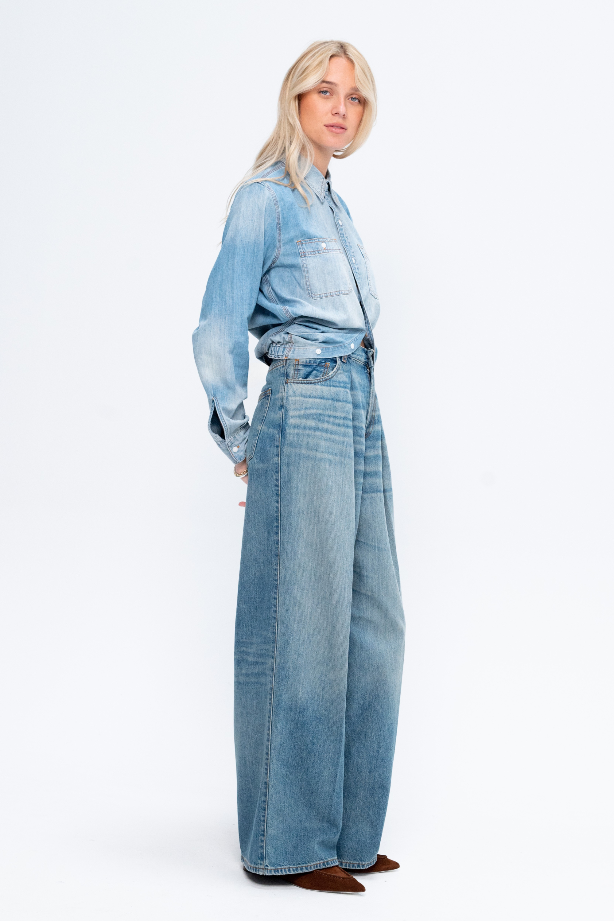 Warp Around Denim Work Shirt, River Blue
