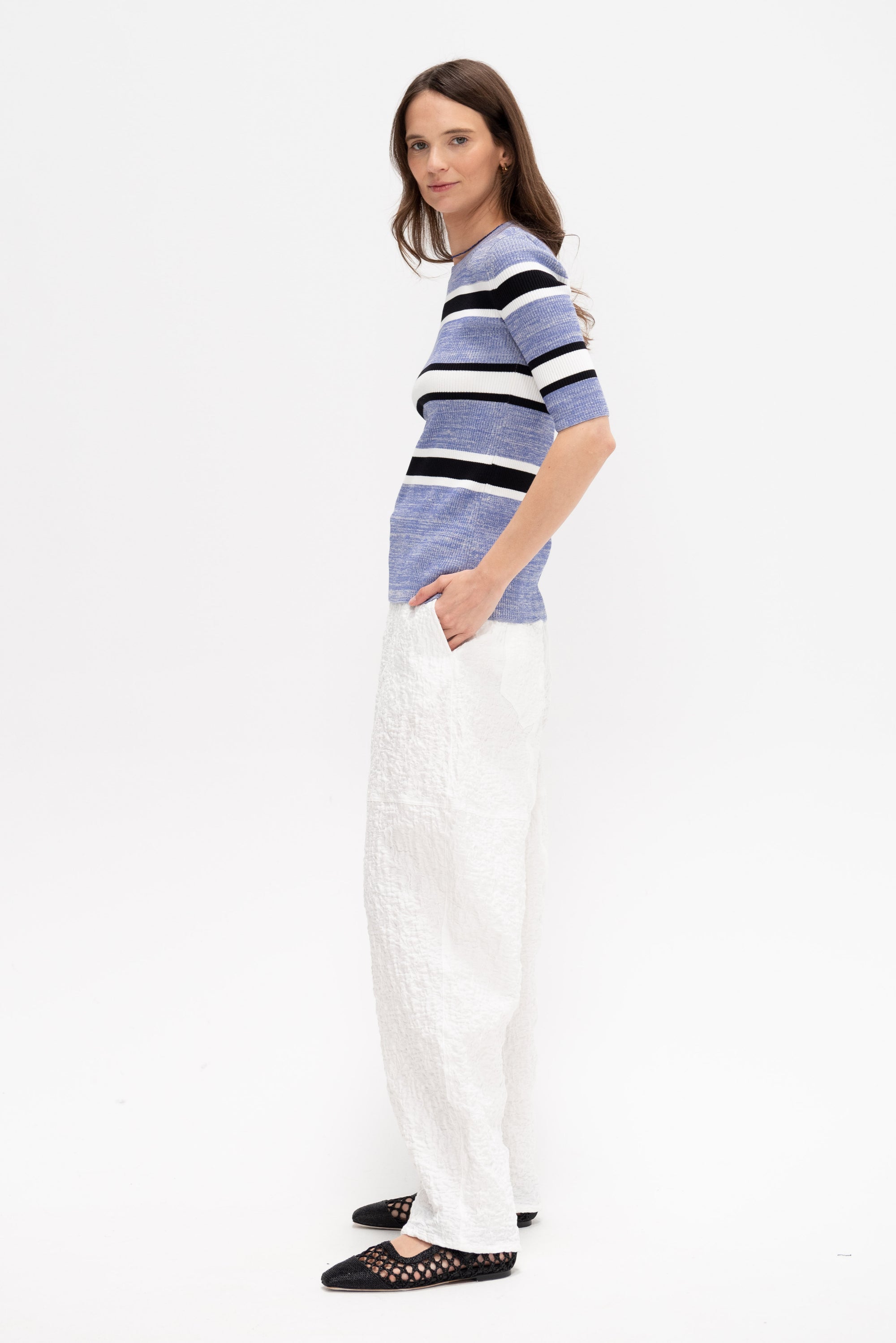 Striped Cropped Sleeve Sweater, Blue Melange
