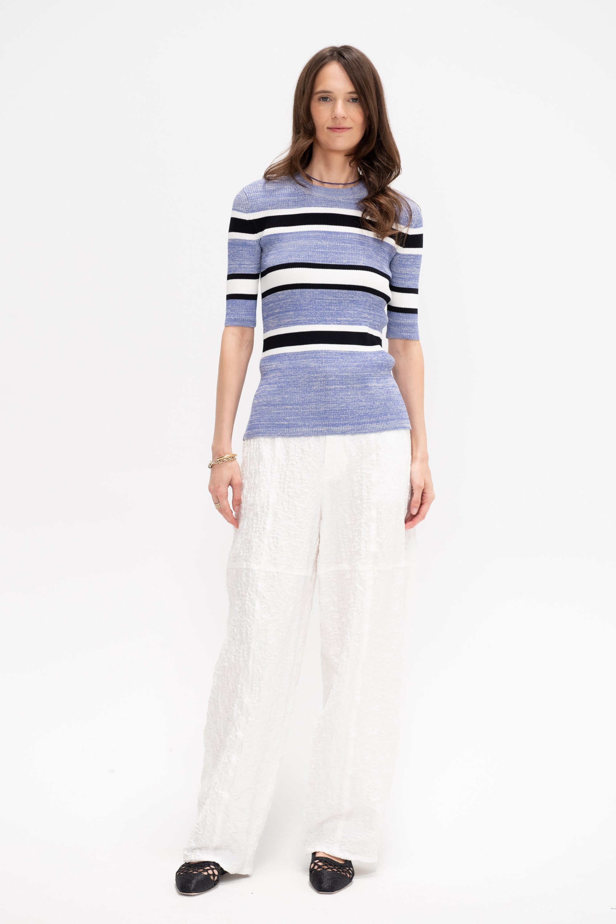 Striped Cropped Sleeve Sweater, Blue Melange