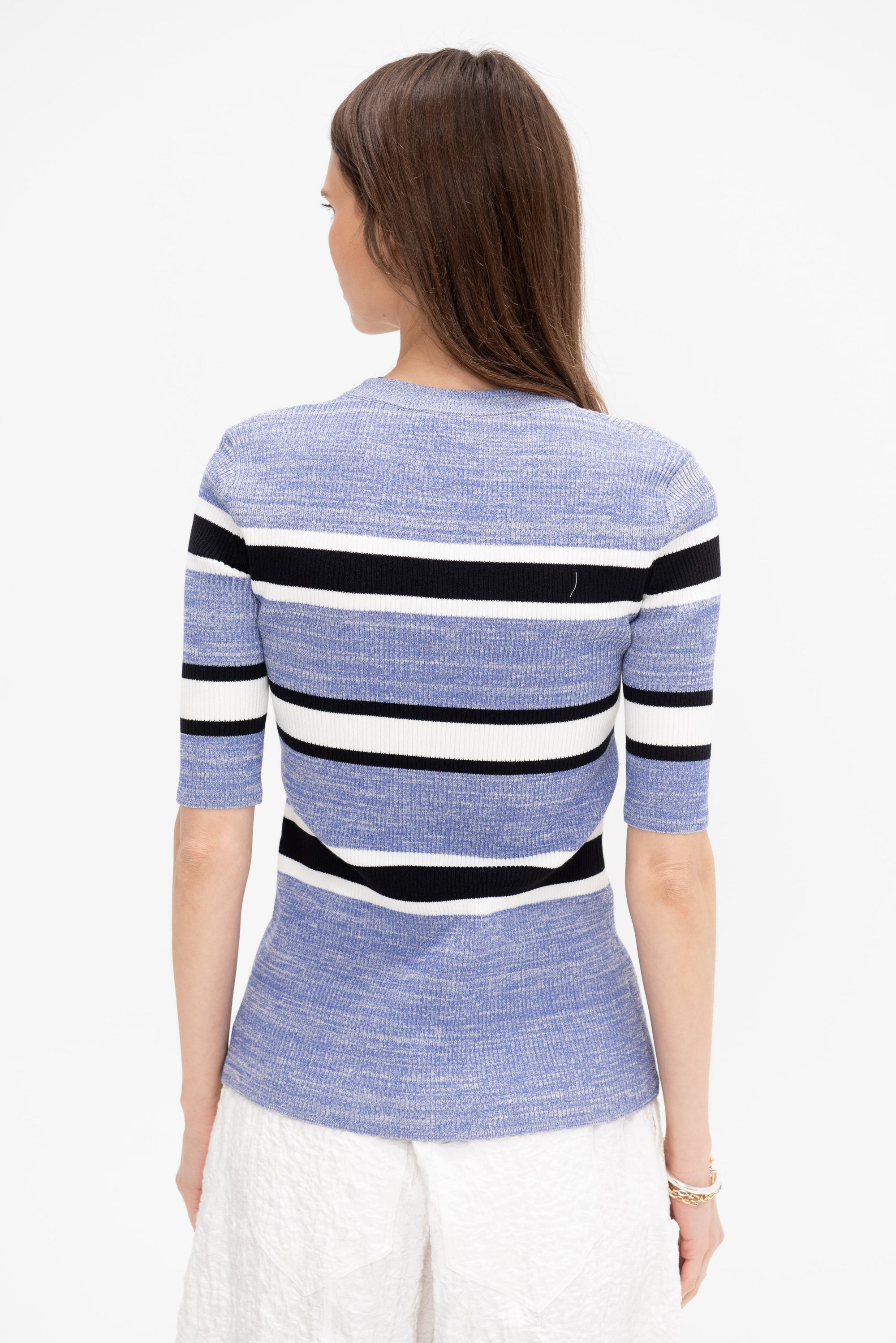 Striped Cropped Sleeve Sweater, Blue Melange