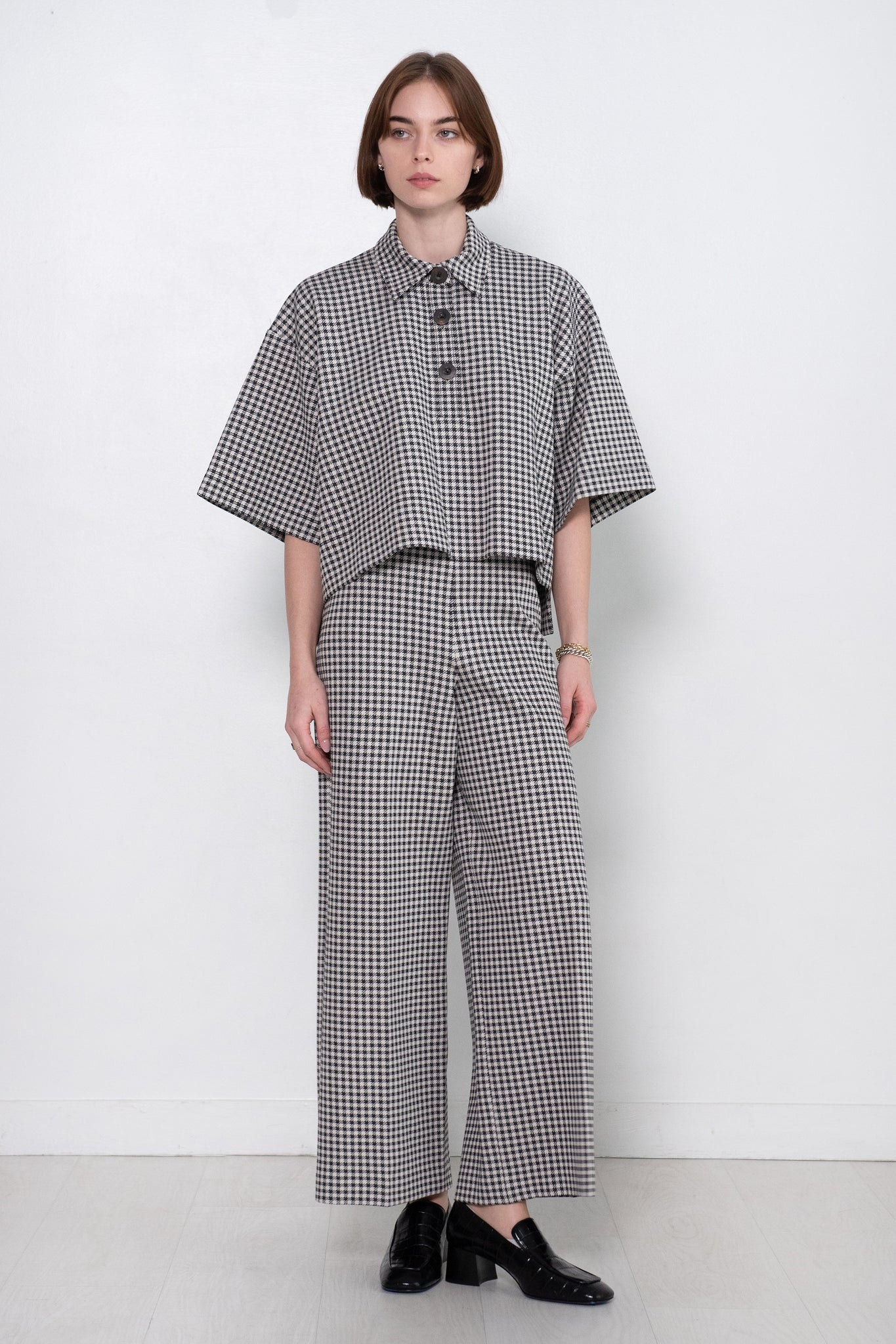 ROSETTA GETTY - Cropped Oversized Polo - Gingham, Black & Ivory