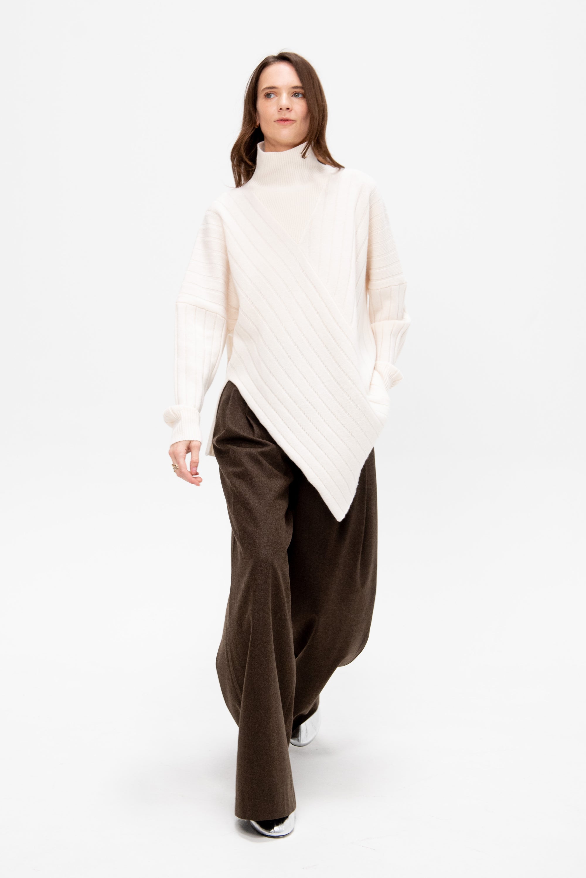 Rib Paneled Turtleneck Sweater, Ivory