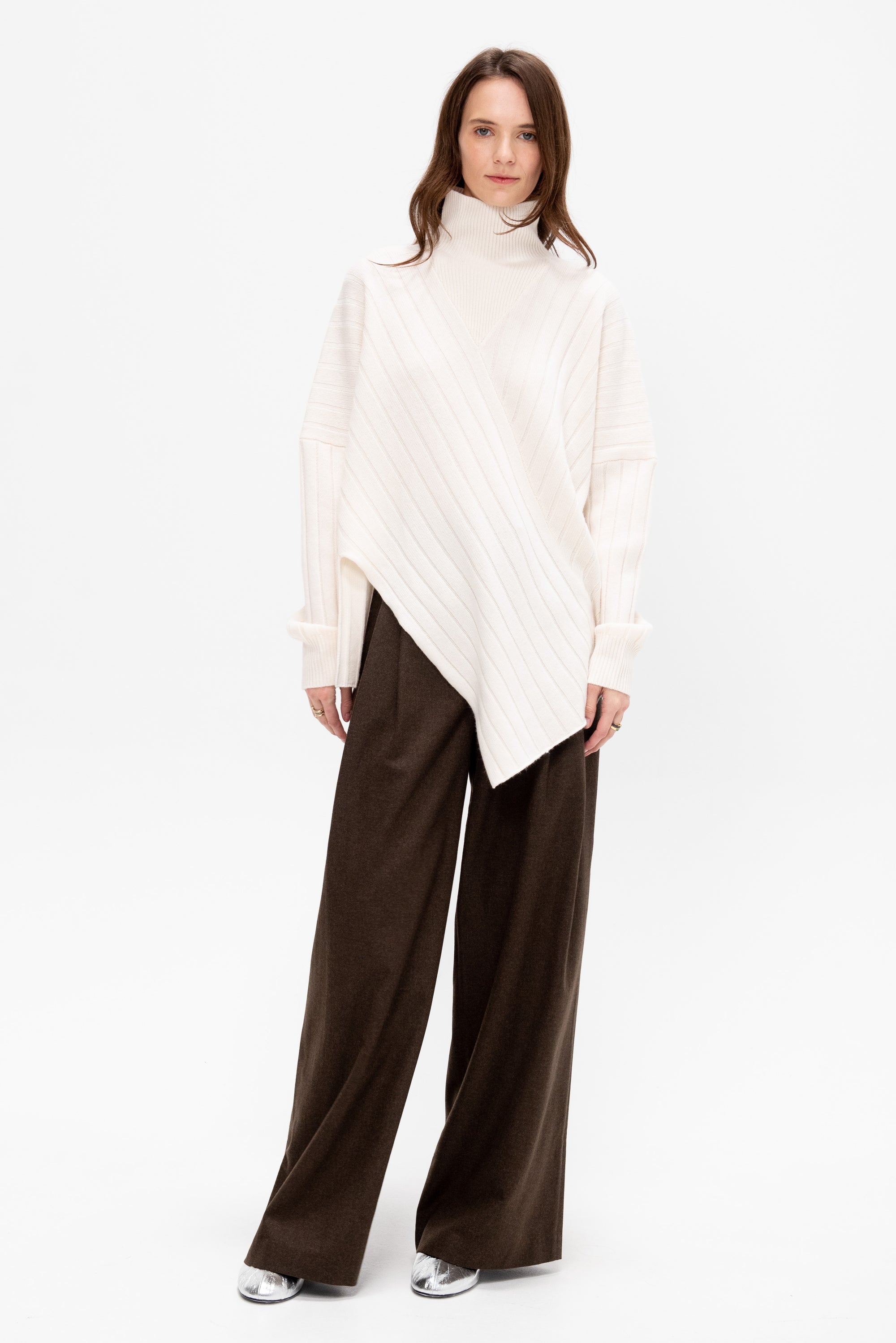 Rib Paneled Turtleneck Sweater, Ivory