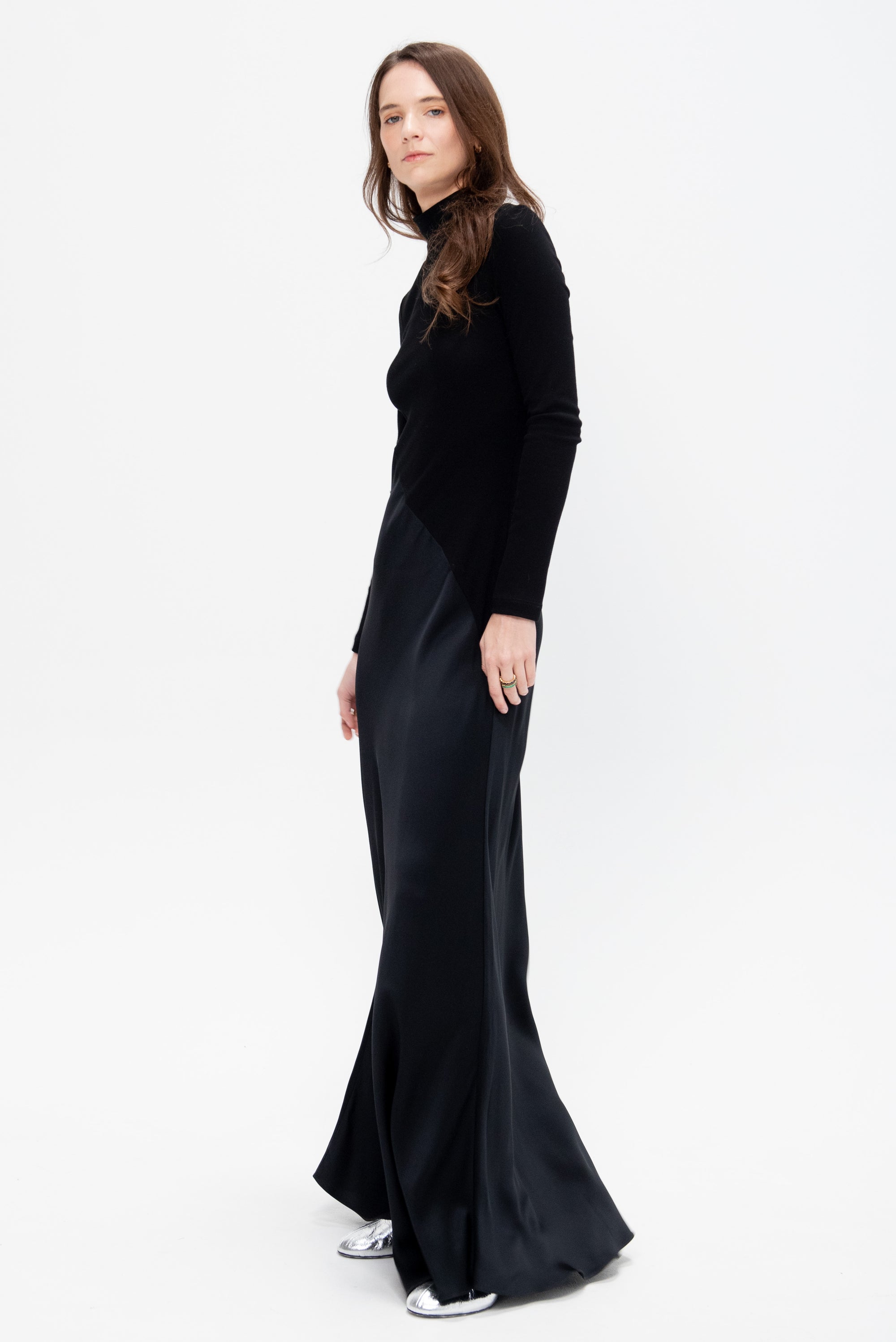Bias Turtleneck Combo Maxi Dress, Black