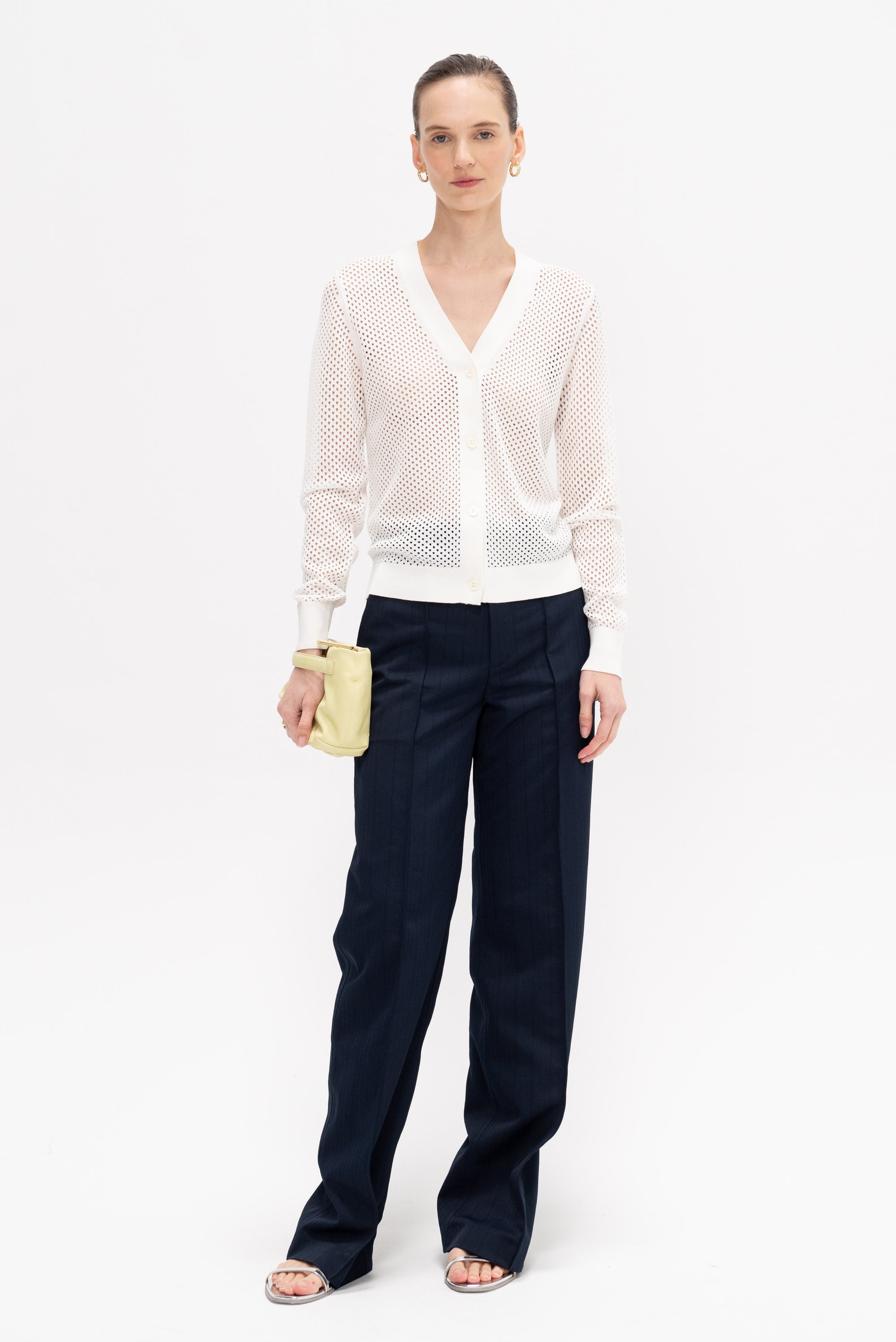 Mesh Pointelle Cardigan, White