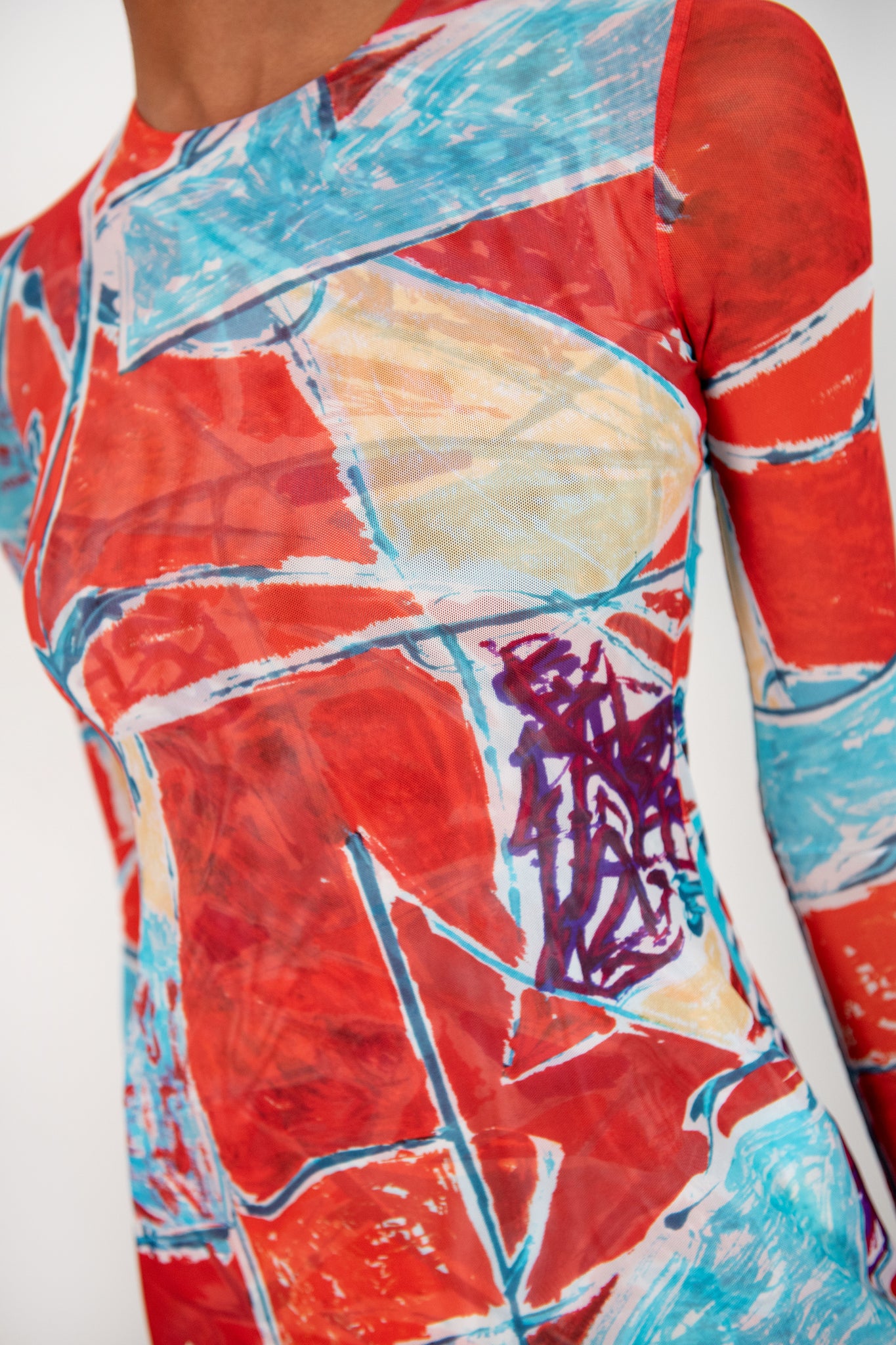 ROSETTA GETTY - Long Sleeve Crewneck Dress, Abstract Print