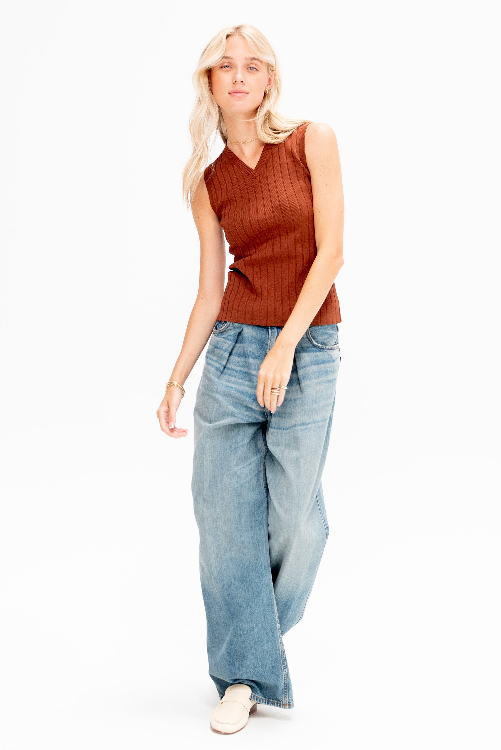 Ribbed Sweater Vest, Sepia