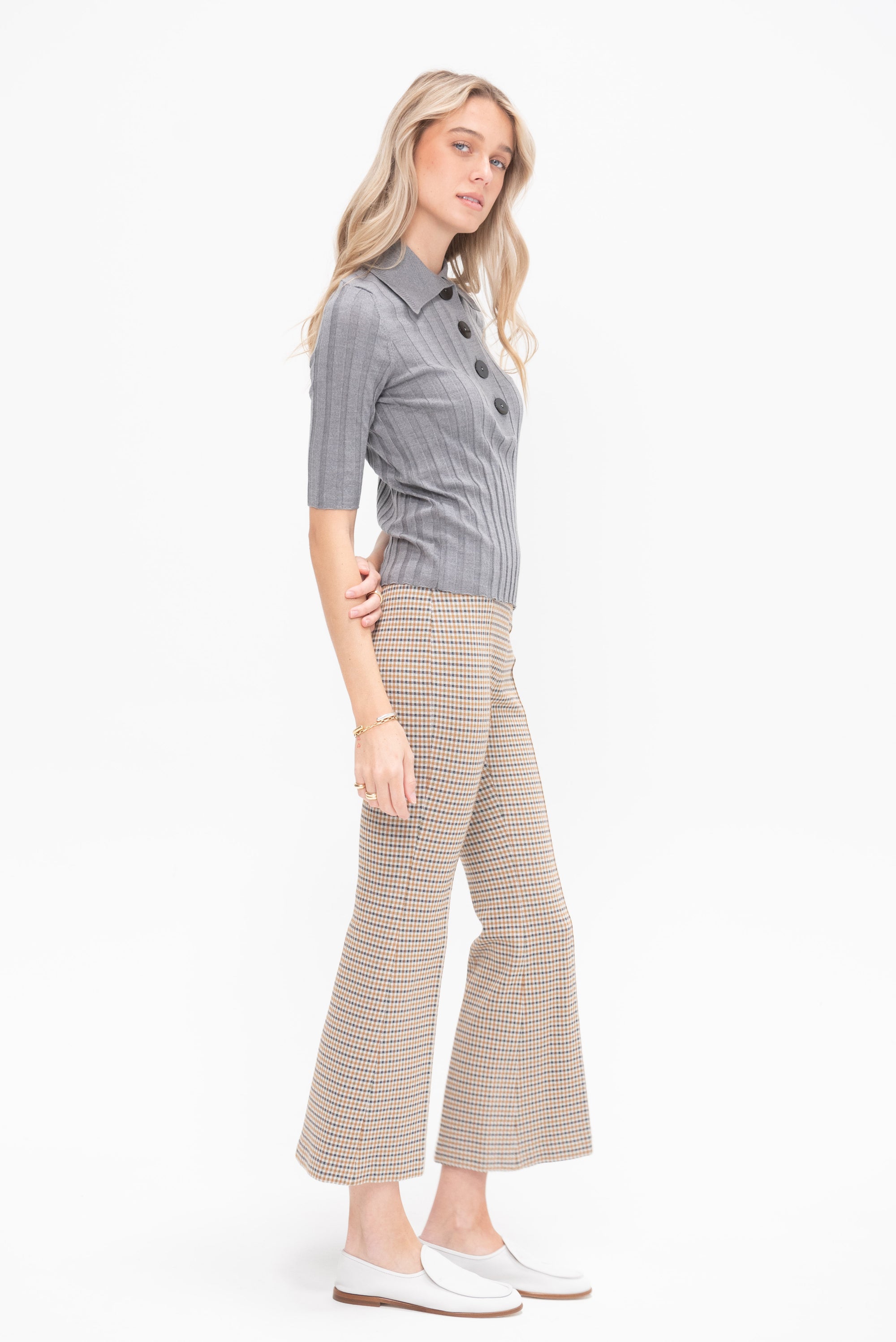 Pull On Cropped Flare Houndstooth Plaid, Multi