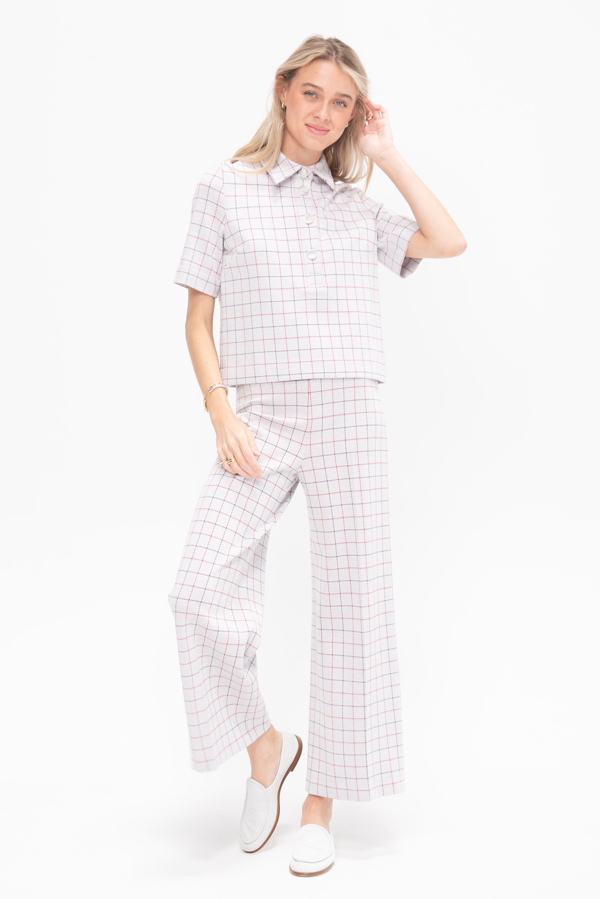 Boxy Polo T Shirt Striped Windowpane, Navy &amp; Red