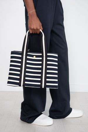 Hermes Black and White Striped Canvas Tote with Pochette