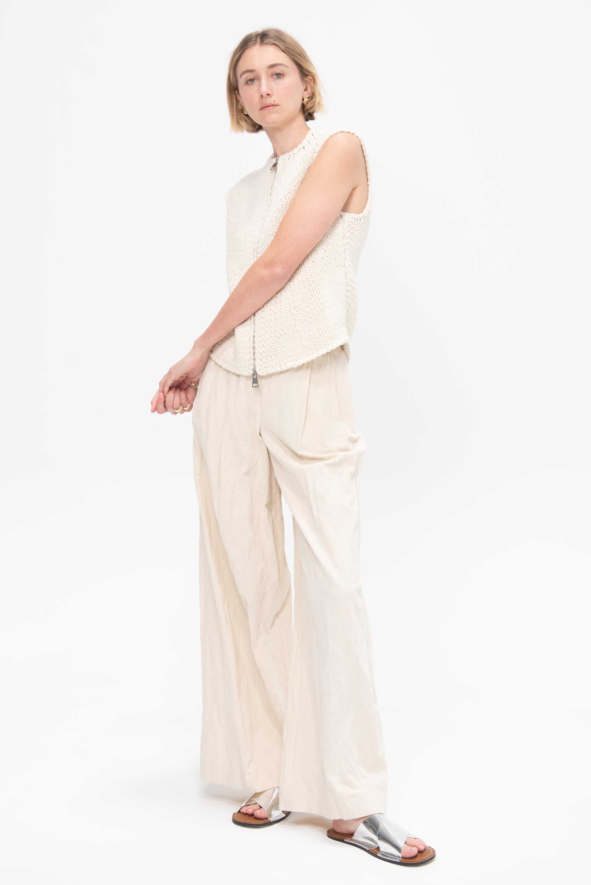 Handmade Sleveless Zipped Cardigan, Ivory