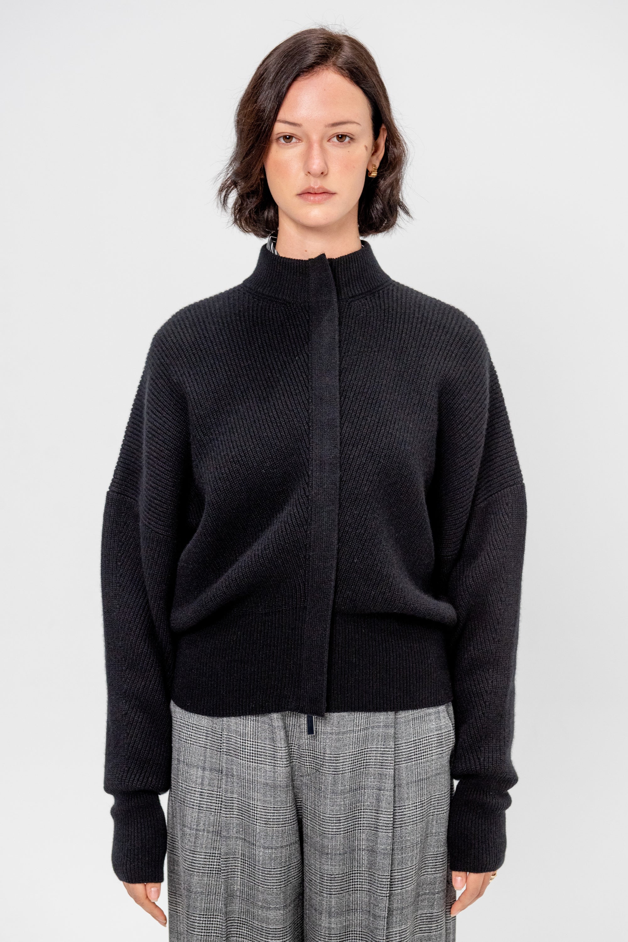 Minerva English Ribbed Zipped Bat Wing Bomber Cardi, Black