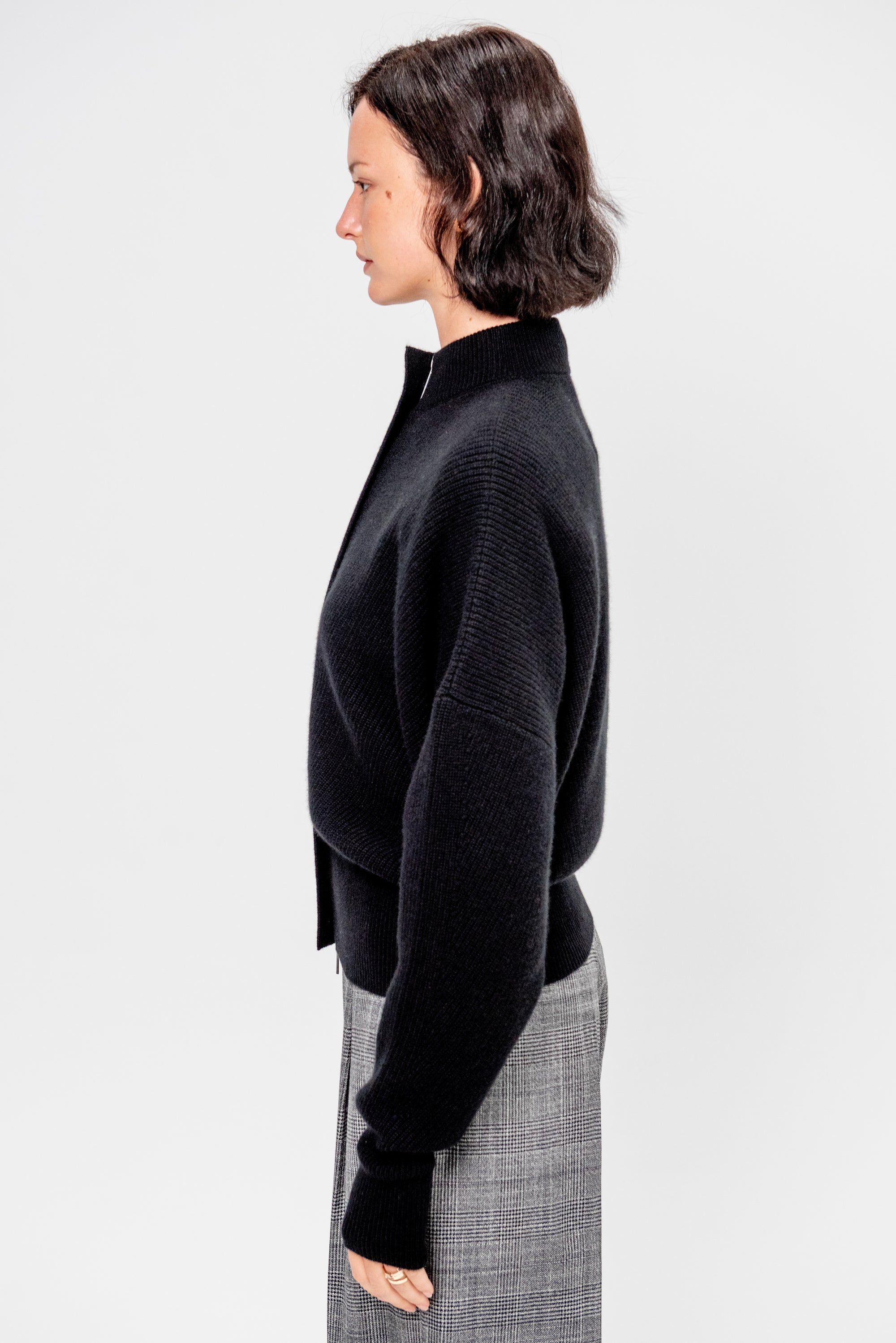 Minerva English Ribbed Zipped Bat Wing Bomber Cardi, Black
