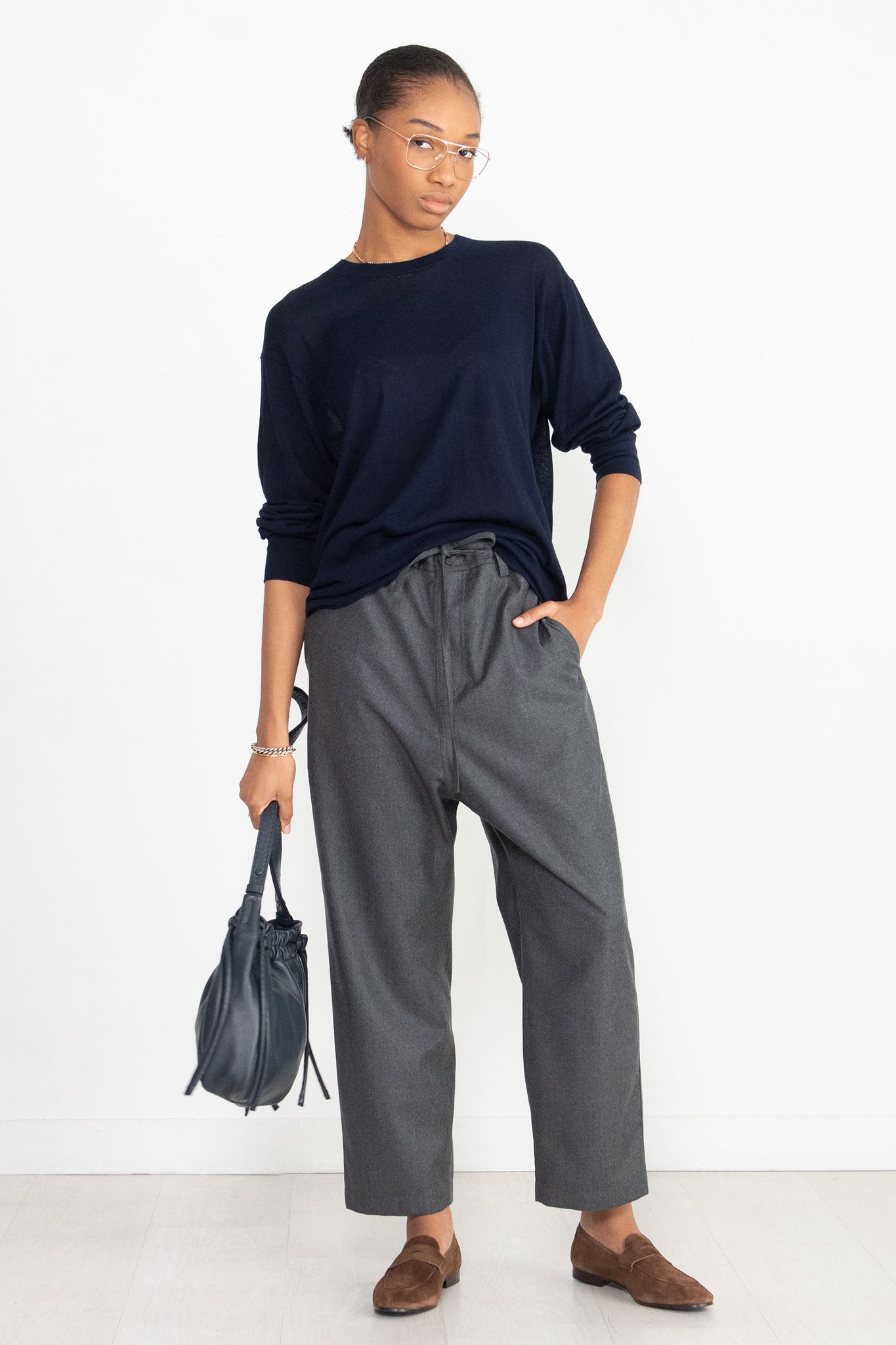 Studio Nicholson - Zuka Long Sleeve Crepe Cotton Top, Navy