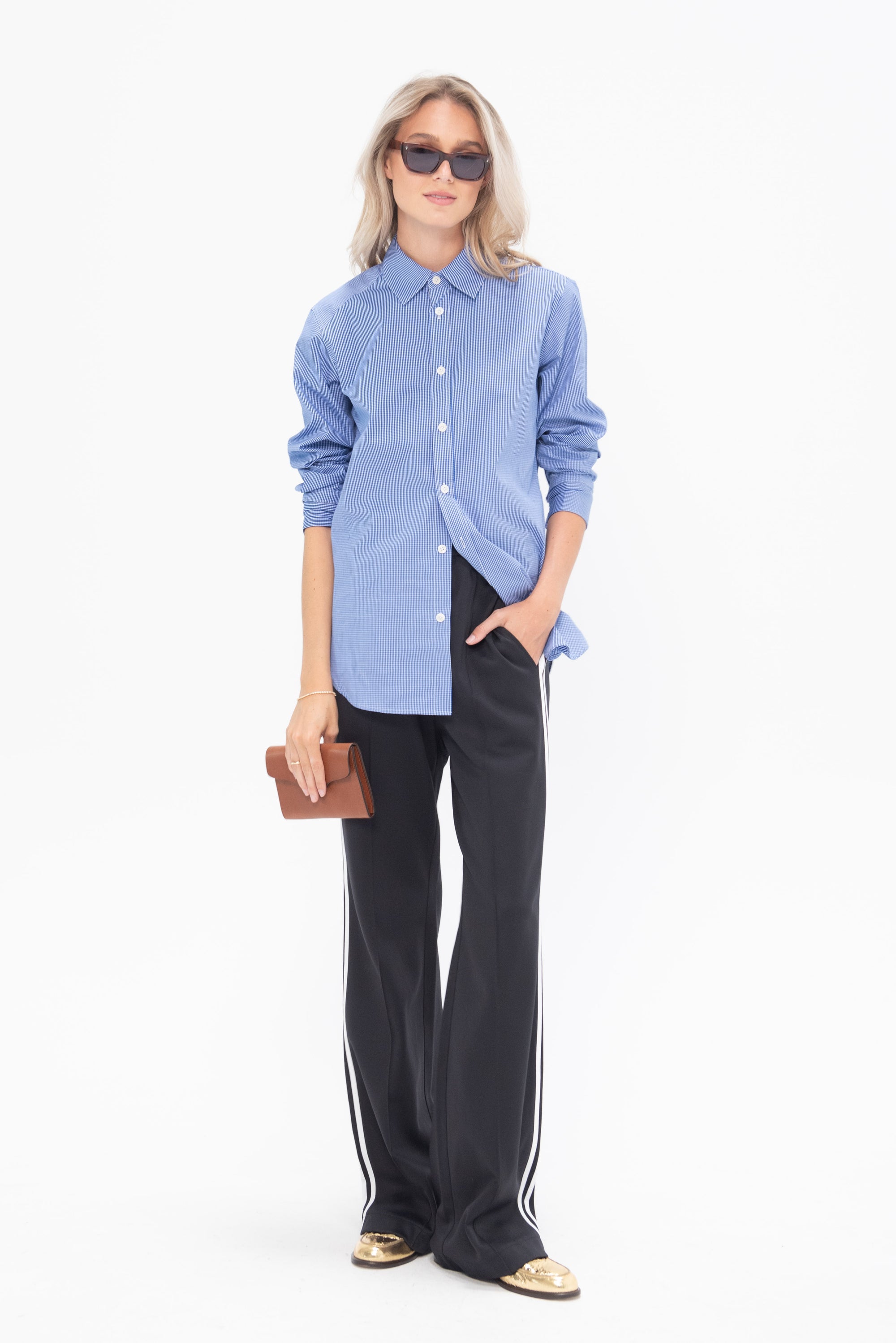 TIBI - Mini Check Shirting Detached Slim Shirt, Blue Multi