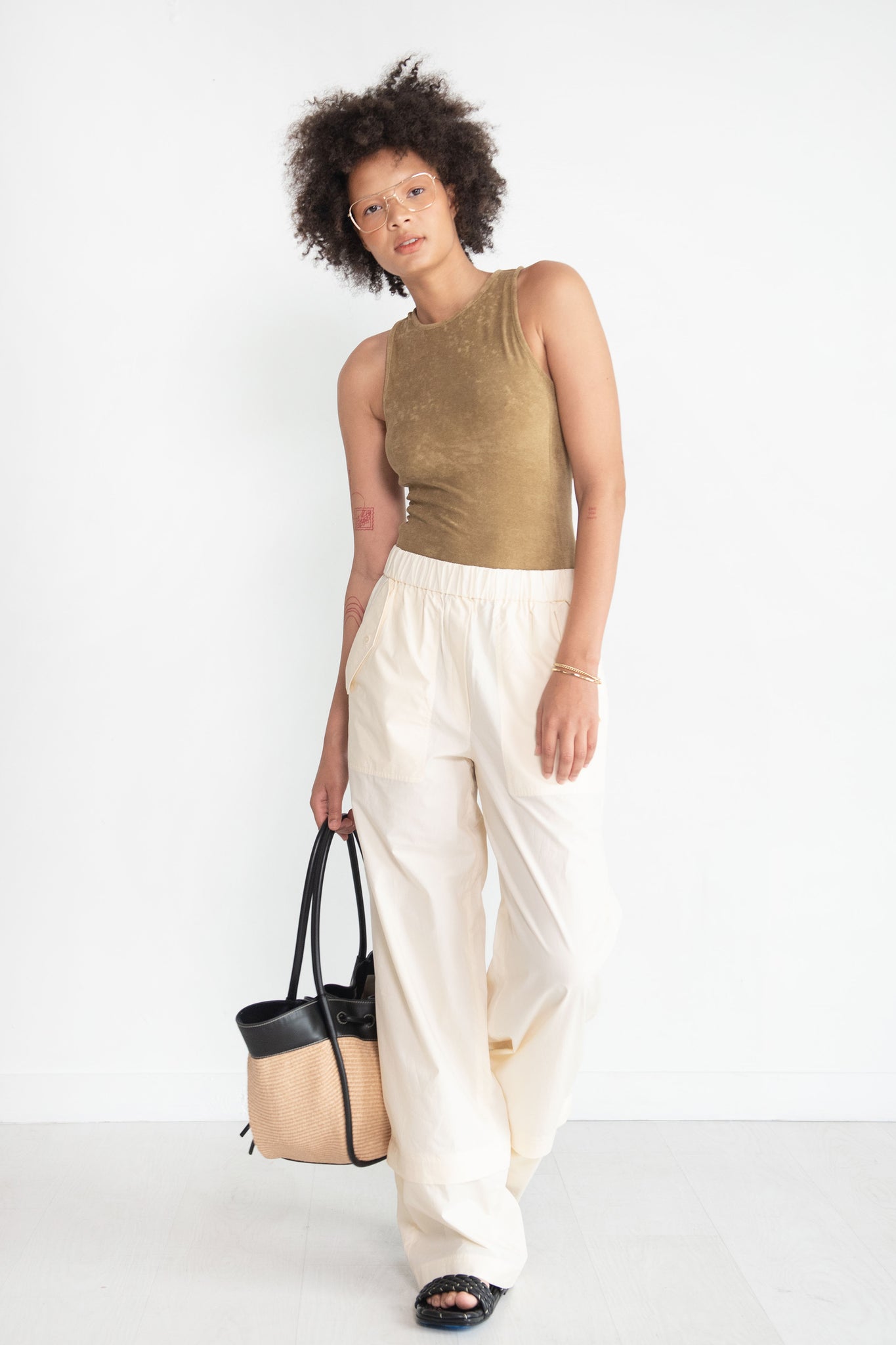 TIBI - Summer Terry Crewneck Racerback Bodysuit, Cumin