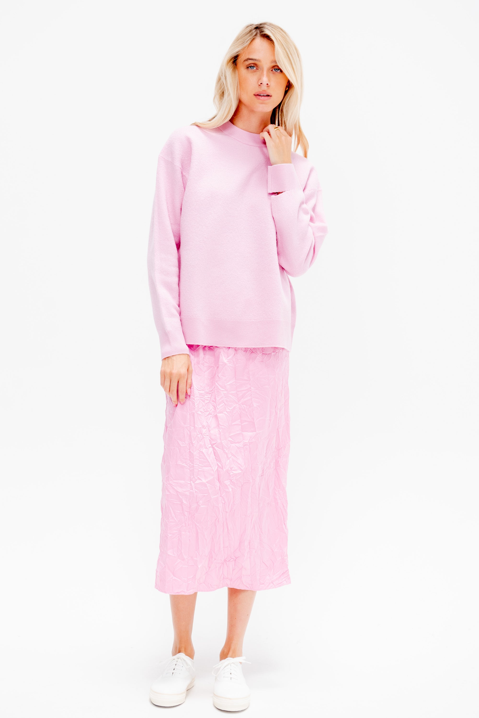 Boiled Wool Crewneck Easy Pullover, Pink