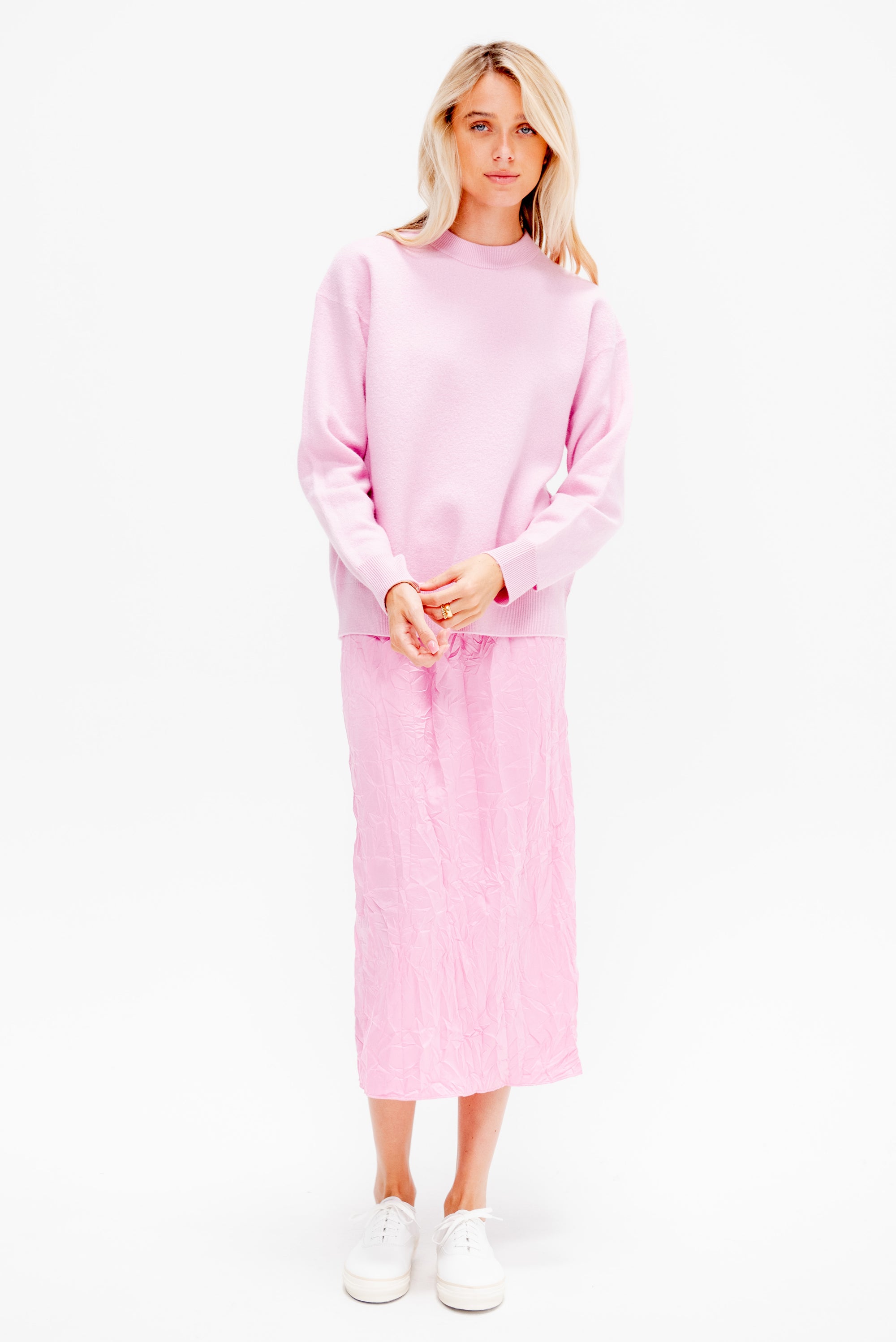 Boiled Wool Crewneck Easy Pullover, Pink