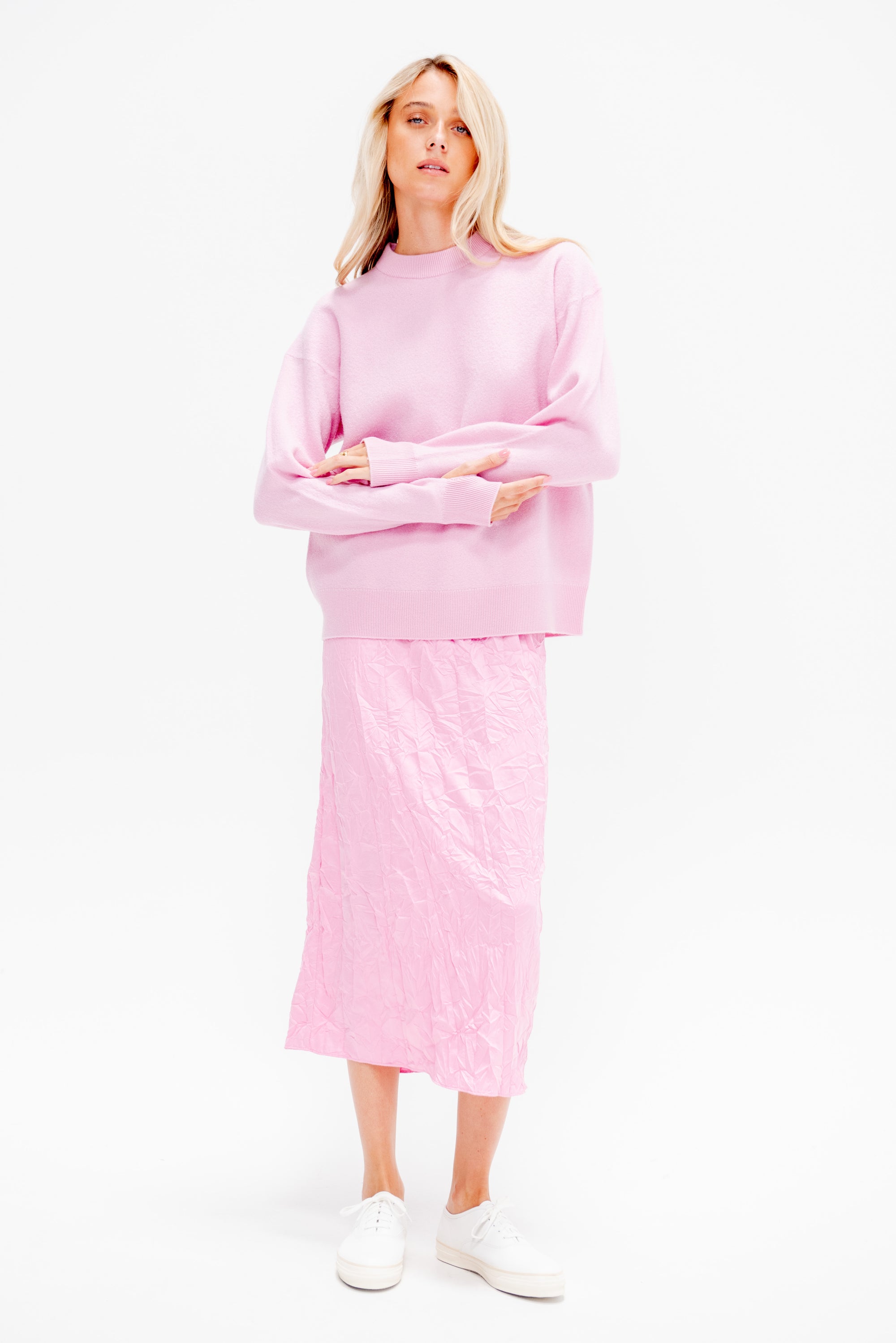Boiled Wool Crewneck Easy Pullover, Pink