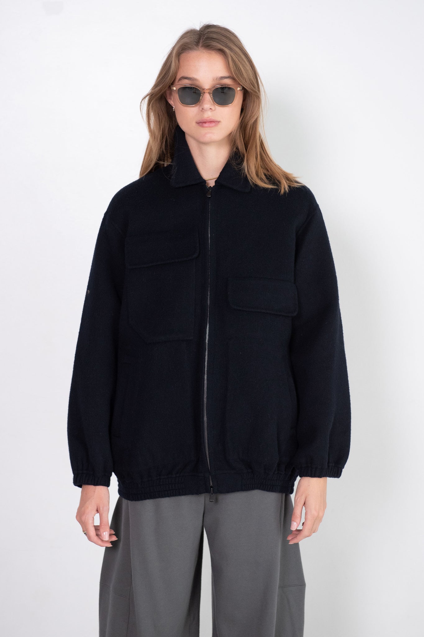TIBI - Luxe Wool Angora Oversized Bomber, Navy