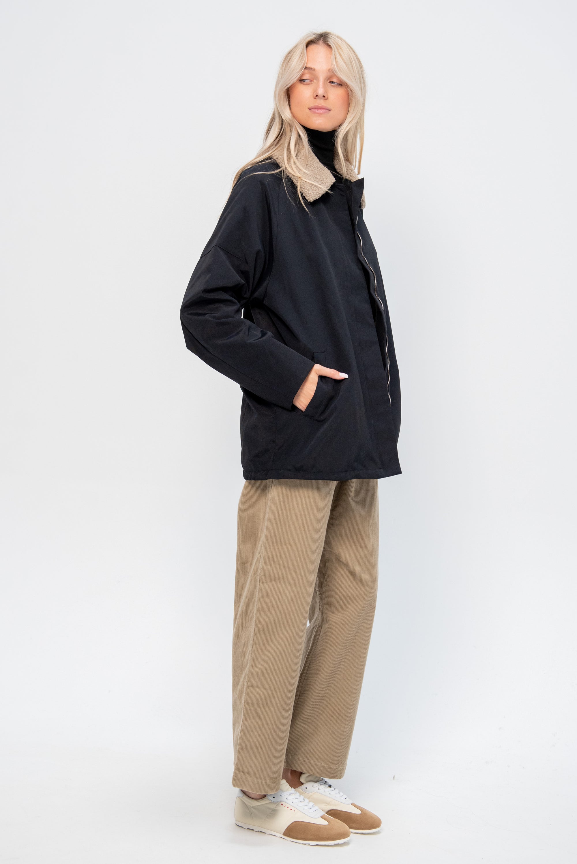 Lotte Nylon Carcoat With Removable Sherpa Collar, Black