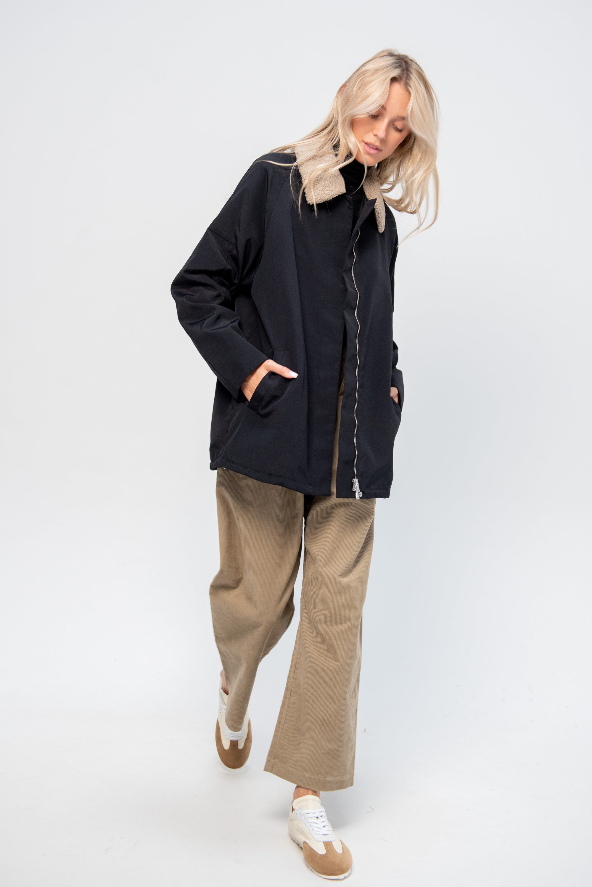 Lotte Nylon Carcoat With Removable Sherpa Collar, Black