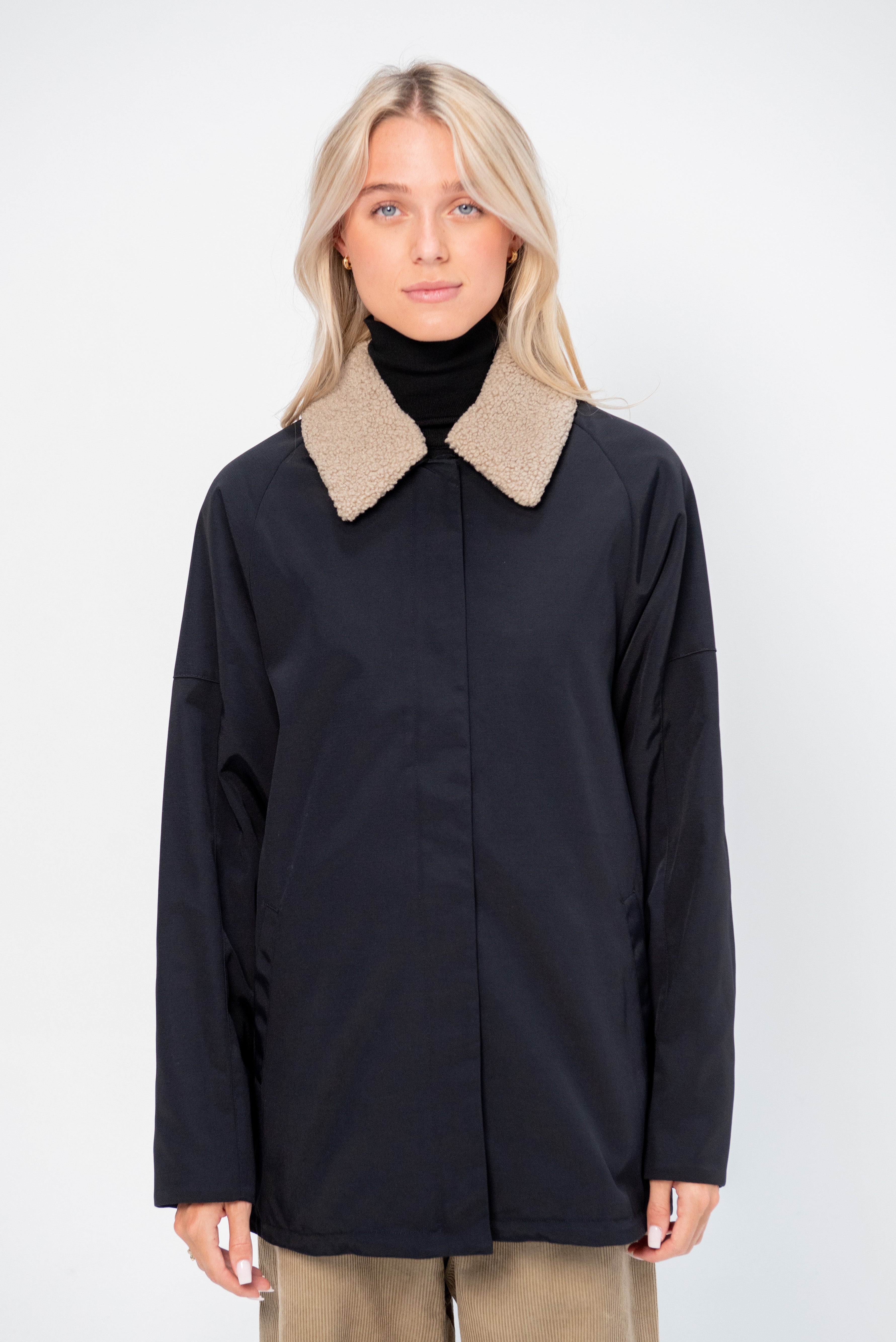 Tibi Lotte Nylon Carcoat With Removable Sherpa Collar, Black