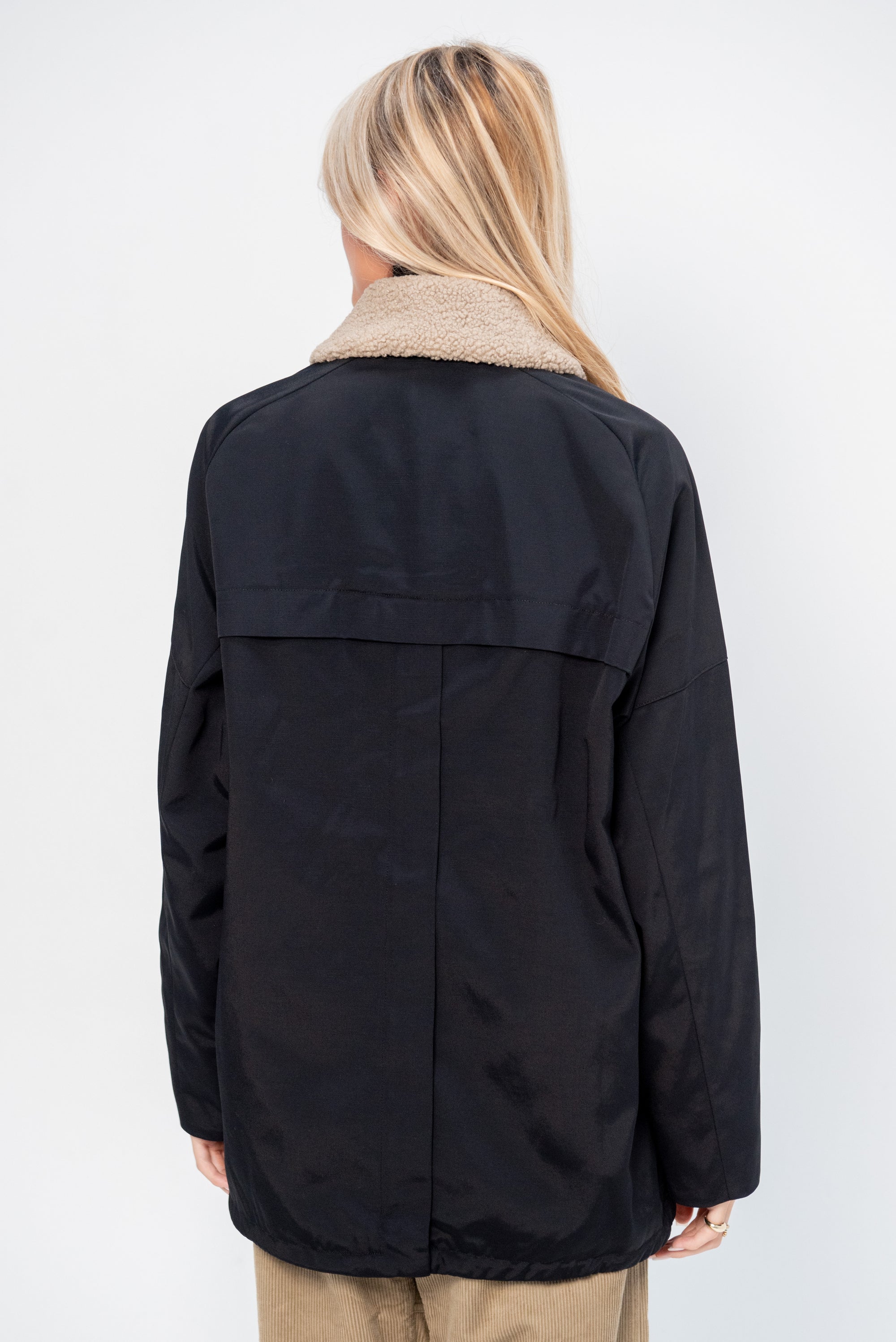 Lotte Nylon Carcoat With Removable Sherpa Collar, Black
