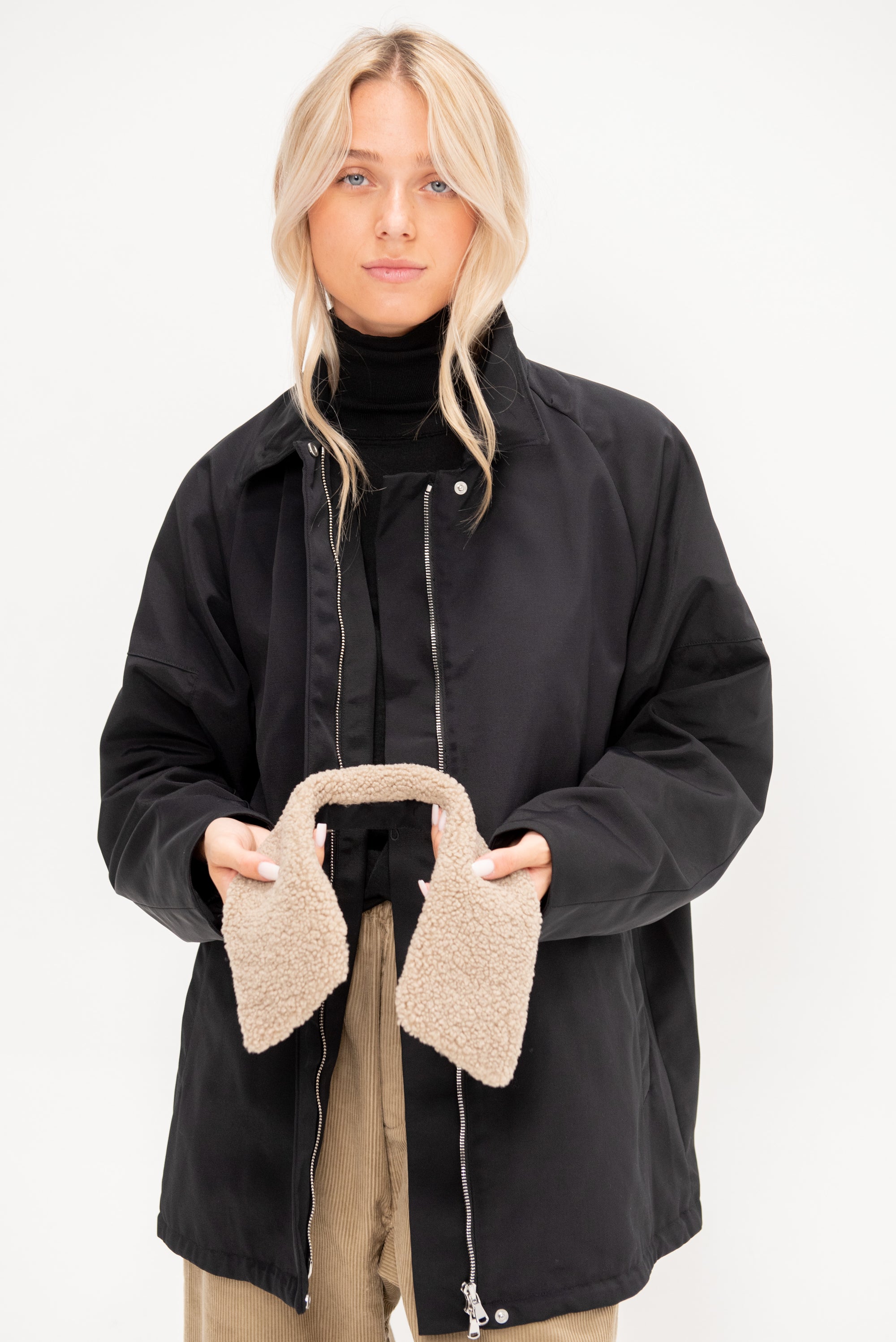 Lotte Nylon Carcoat With Removable Sherpa Collar, Black