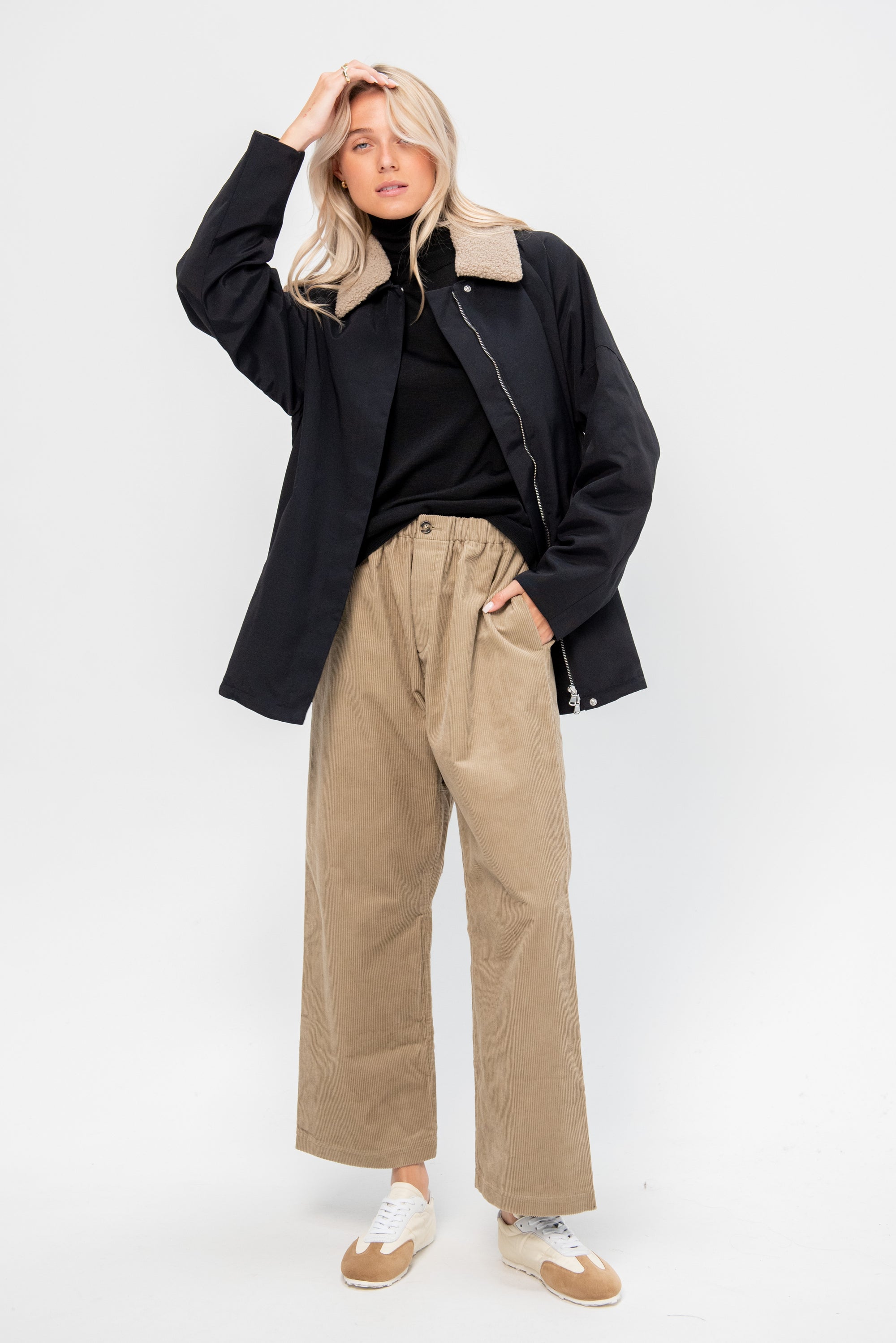 Lotte Nylon Carcoat With Removable Sherpa Collar, Black