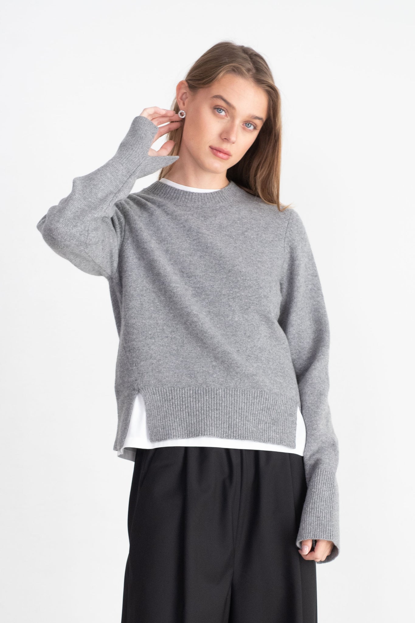 TIBI - Stretch Cashmere Crewneck Pullover, Heather Grey