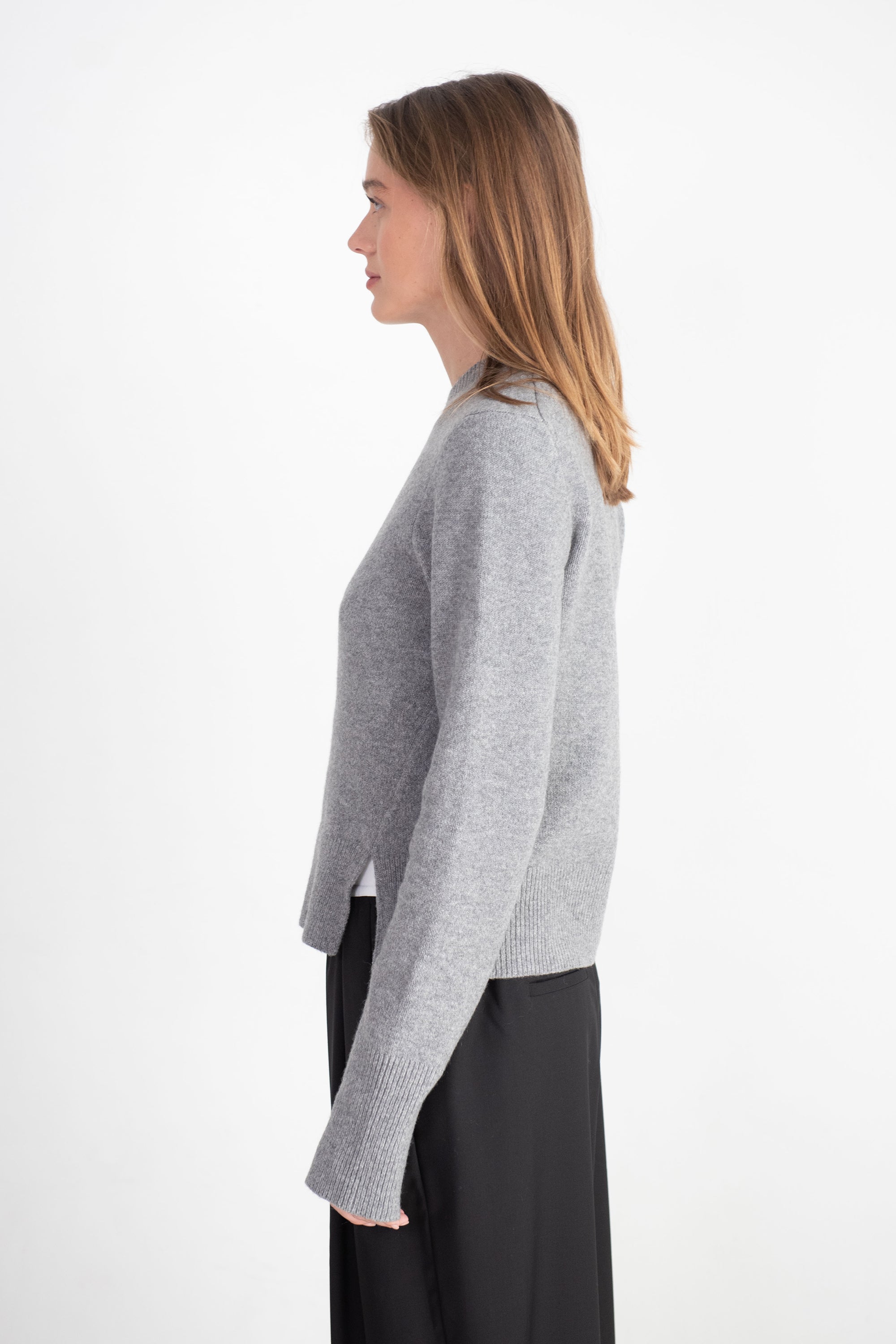 Tibi Stretch Cashmere Crewneck Pullover Heather Grey Kick Pleat