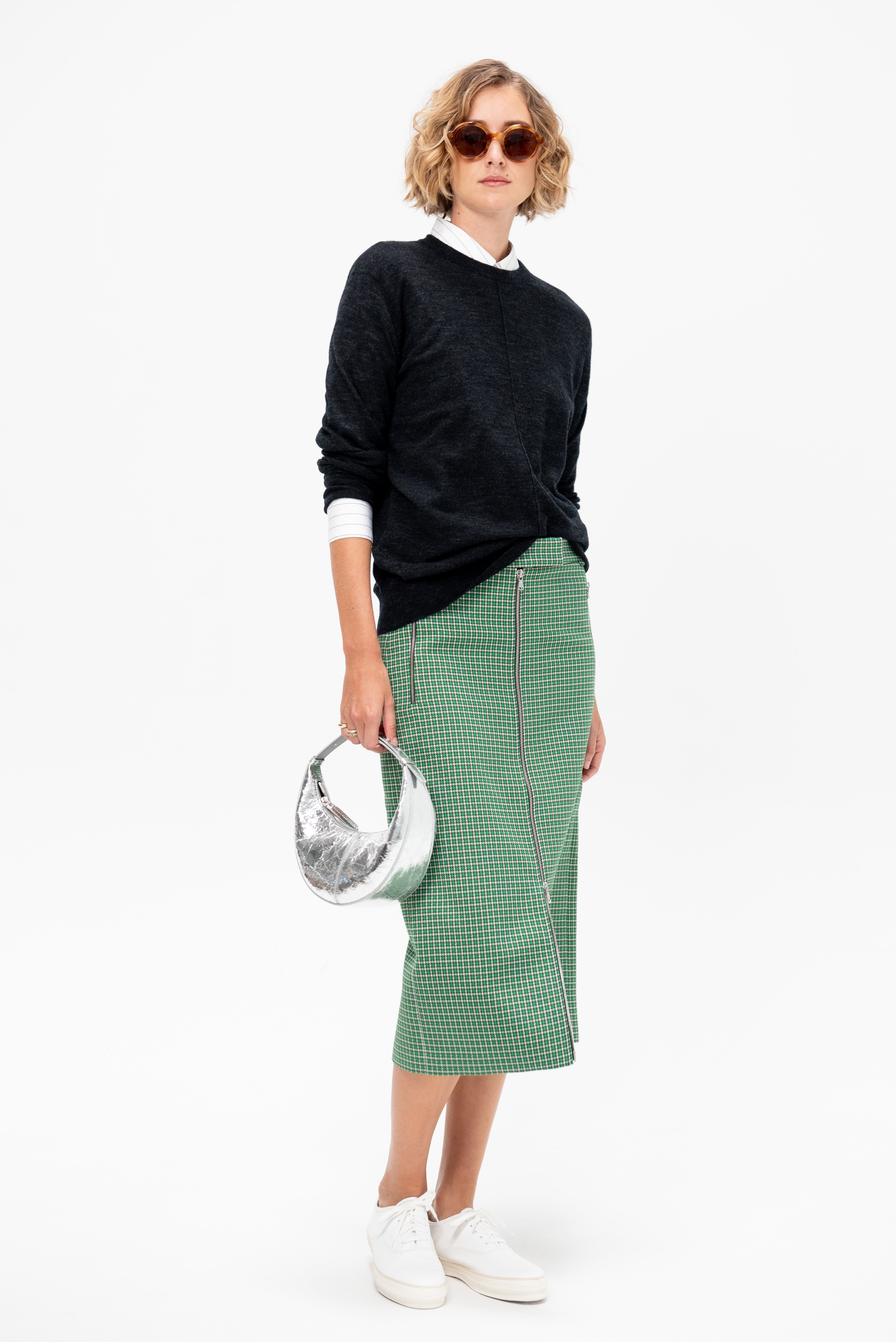 Tibi Leon Check Midi Trouser Zip Skirt, Green Multi – Kick Pleat