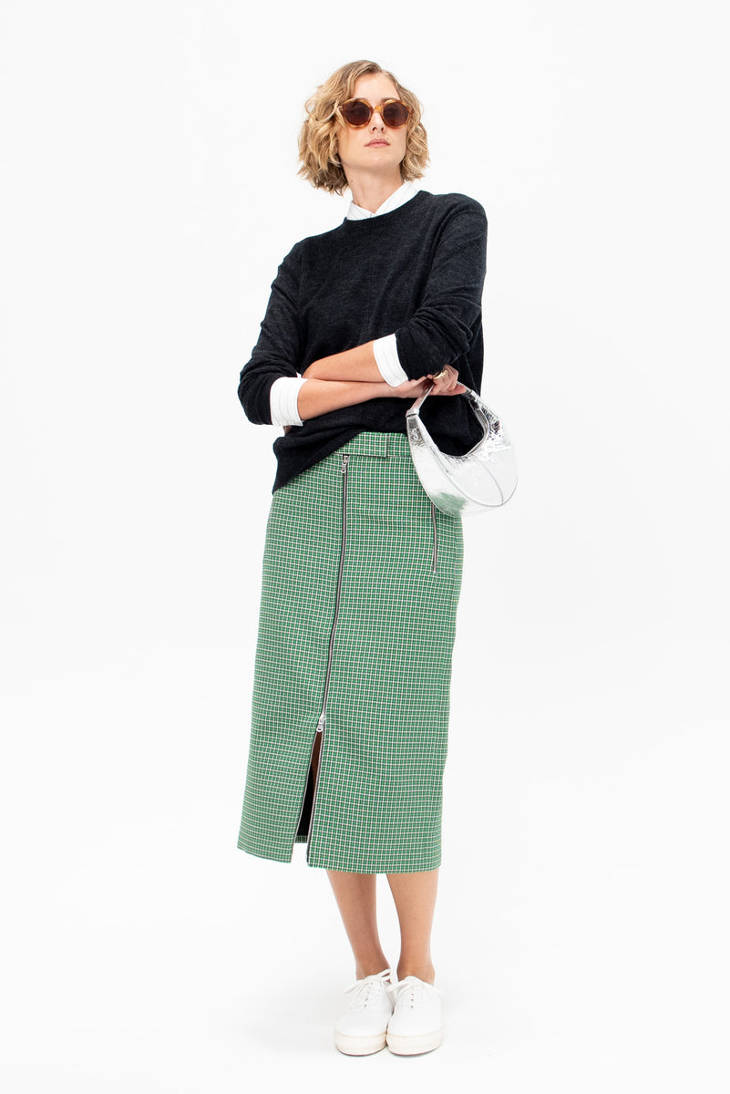 Tibi Leon Check Midi Trouser Zip Skirt, Green Multi – Kick Pleat