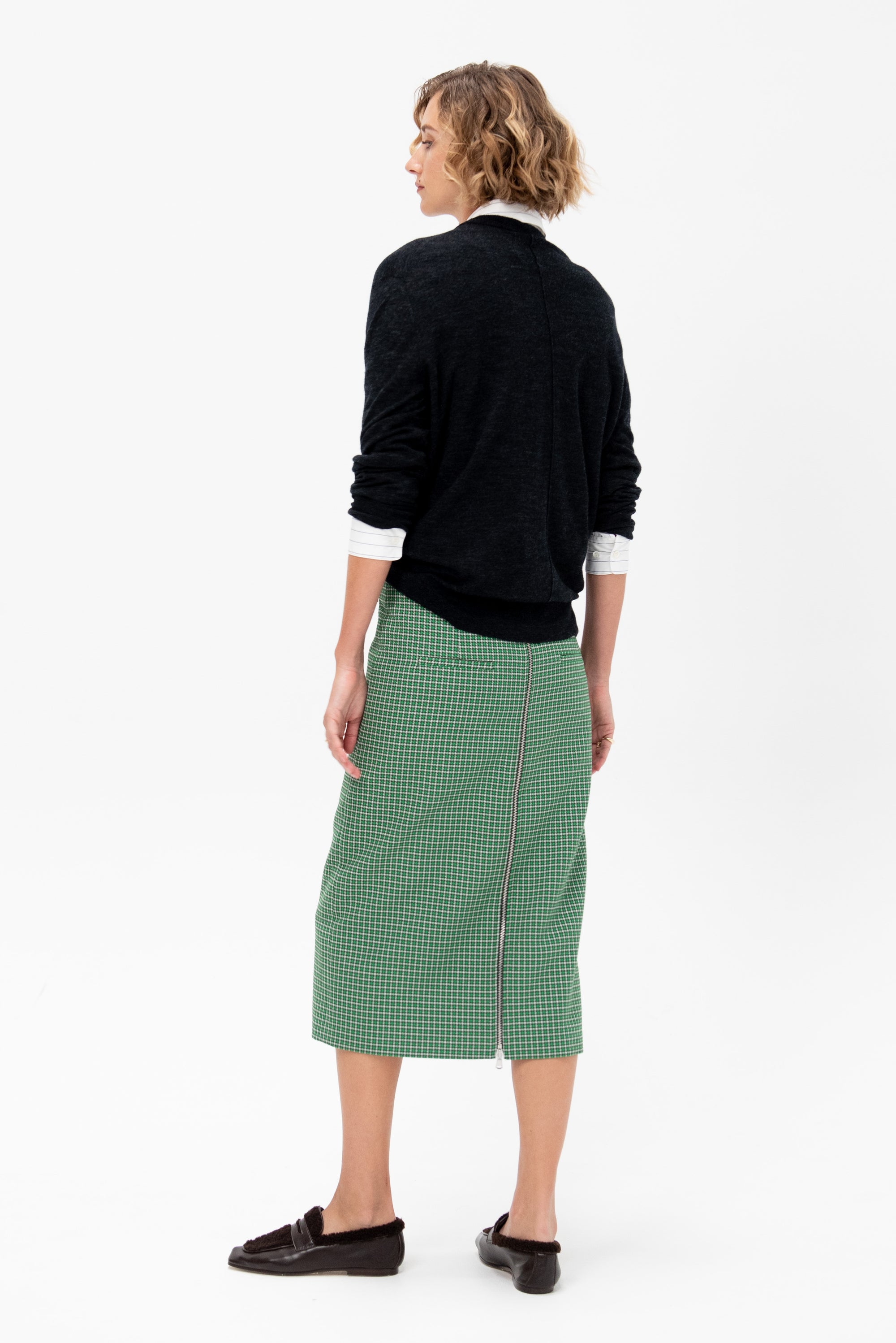 Leon Check Midi Trouser Zip Skirt, Green Multi