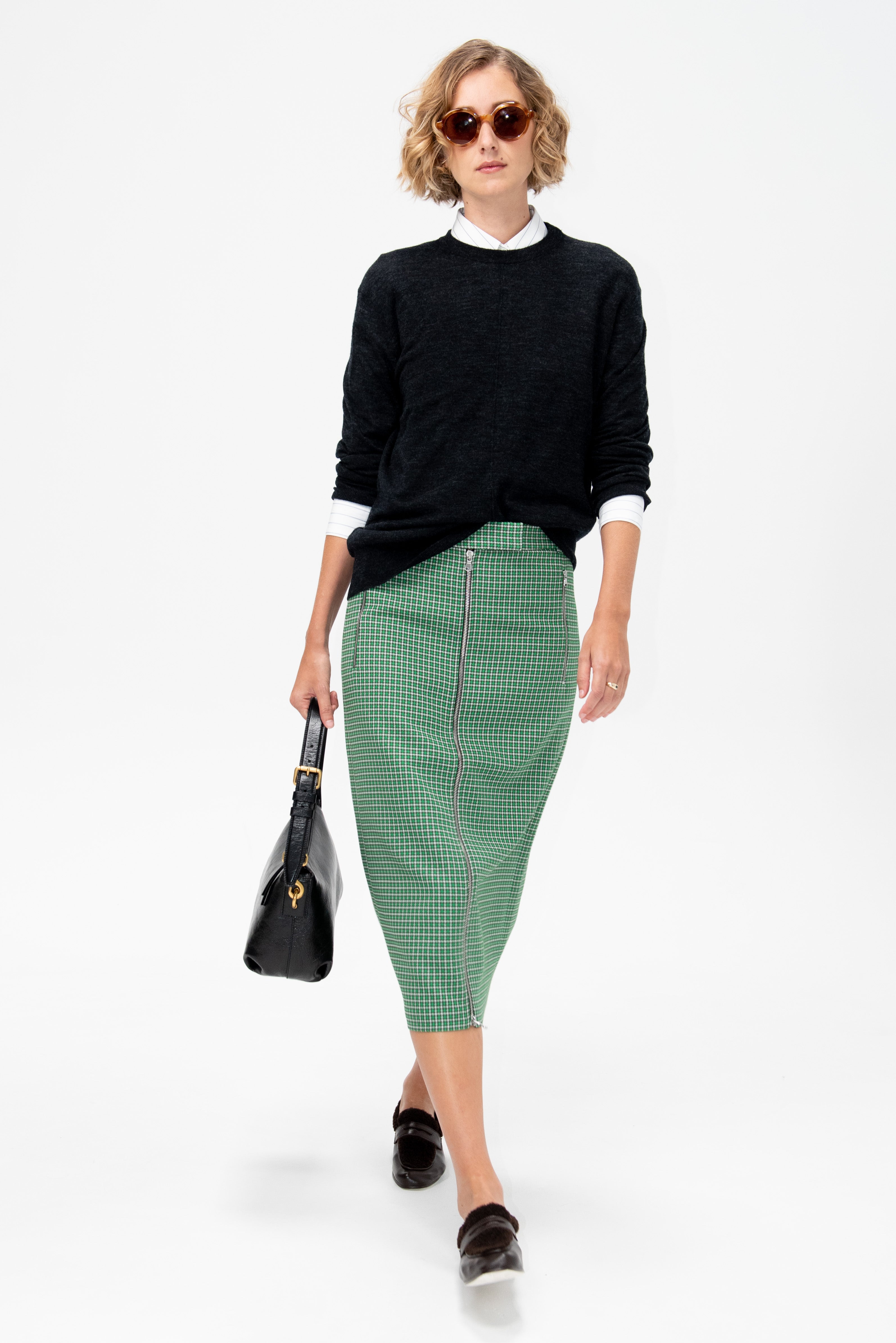 Tibi Leon Check Midi Trouser Zip Skirt, Green Multi – Kick Pleat