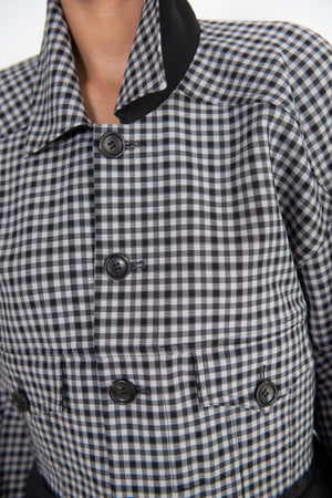 TIBI - Double Faced Menswear Check Cropped Jean Jacket, Black & Grey Multi