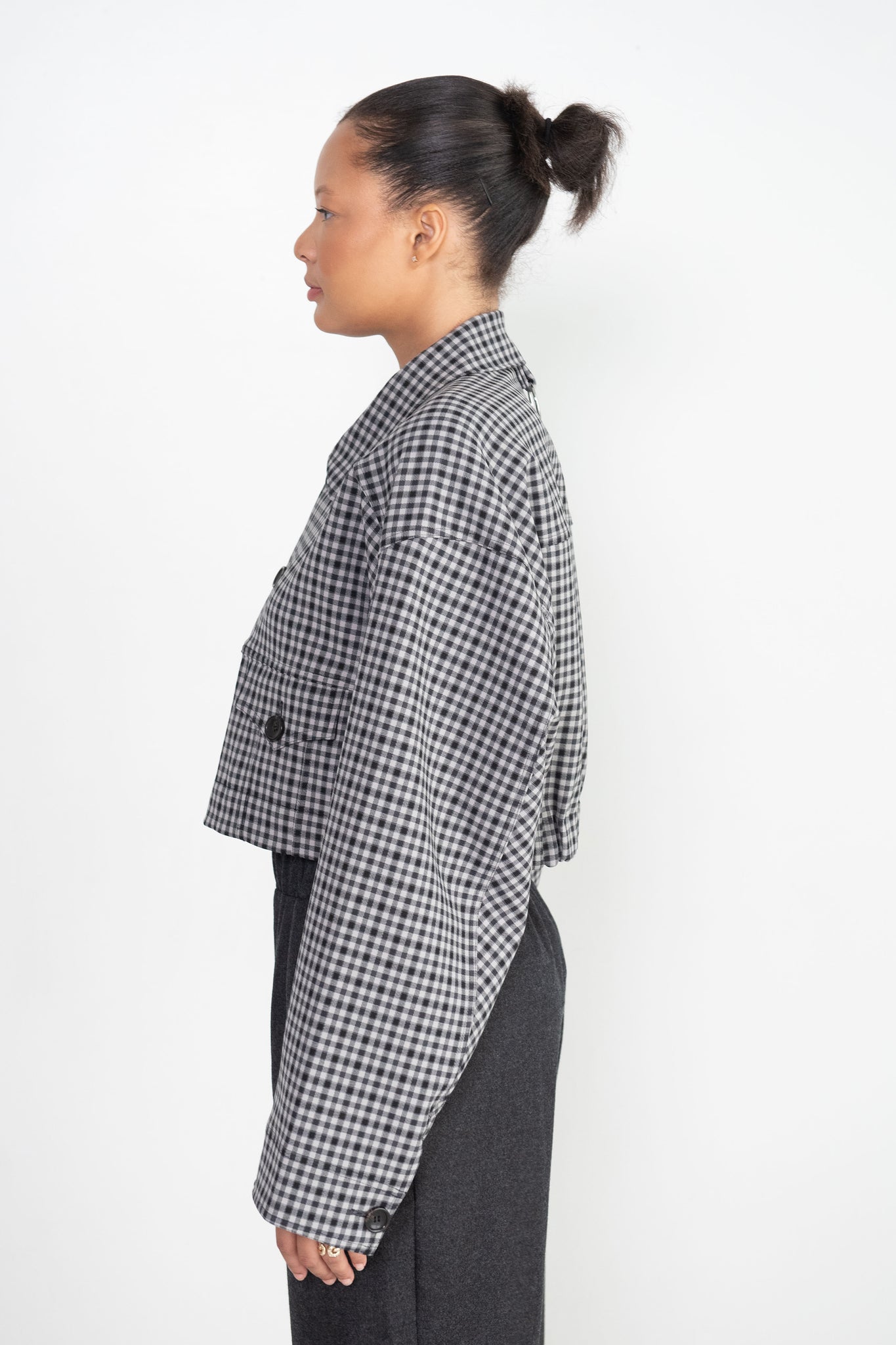 TIBI - Double Faced Menswear Check Cropped Jean Jacket, Black & Grey Multi