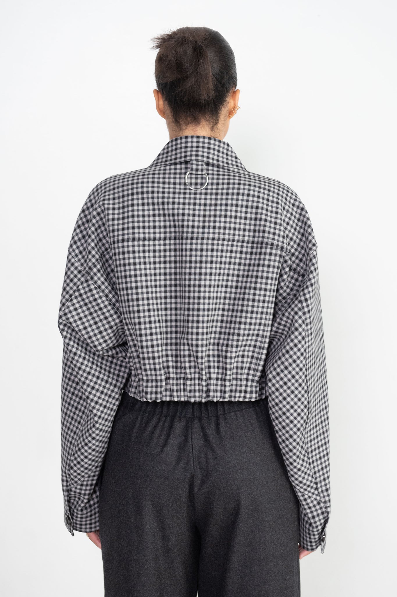 TIBI - Double Faced Menswear Check Cropped Jean Jacket, Black & Grey Multi