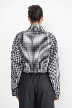 TIBI - Double Faced Menswear Check Cropped Jean Jacket, Black & Grey Multi