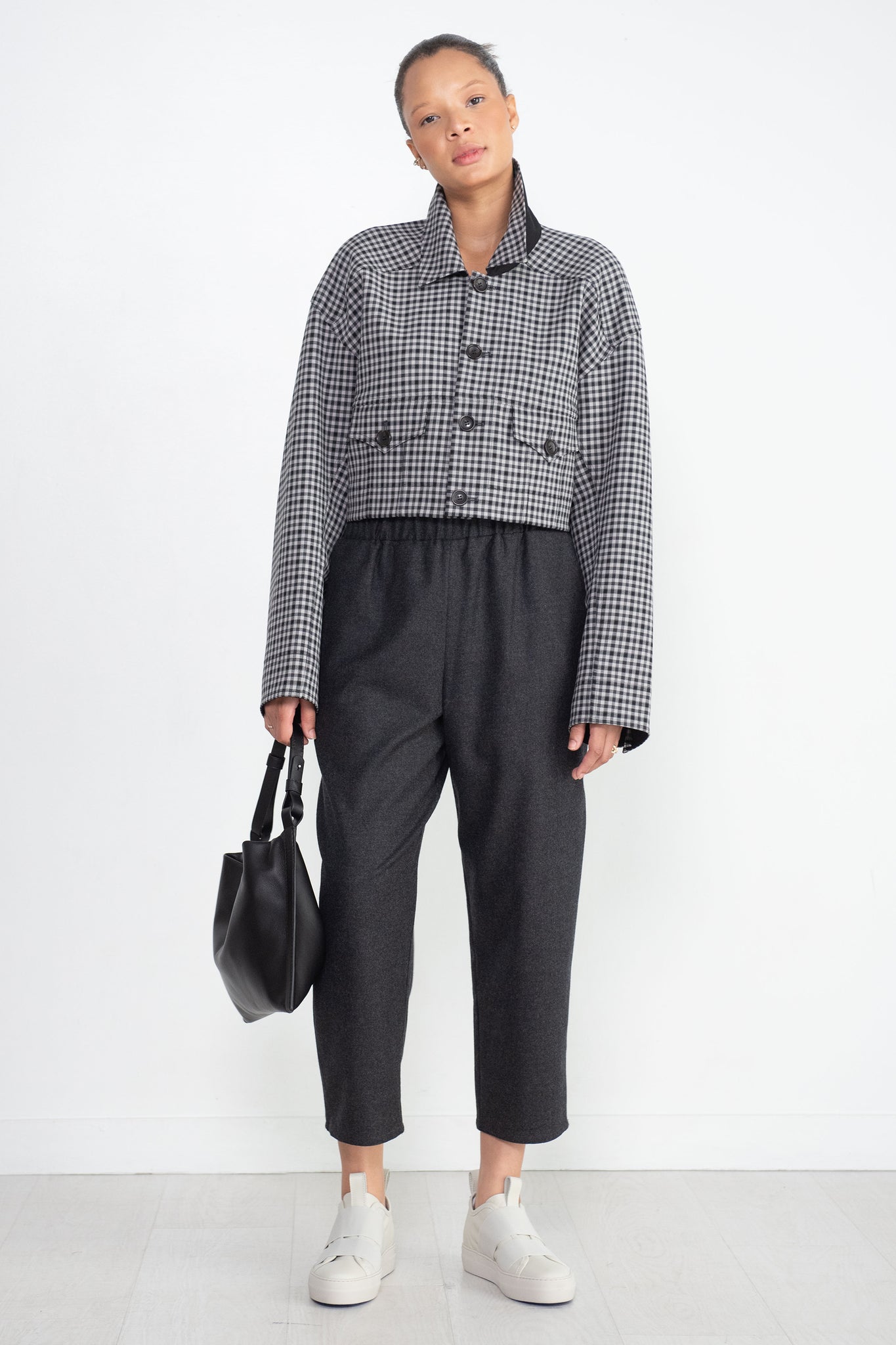 TIBI - Double Faced Menswear Check Cropped Jean Jacket, Black & Grey Multi